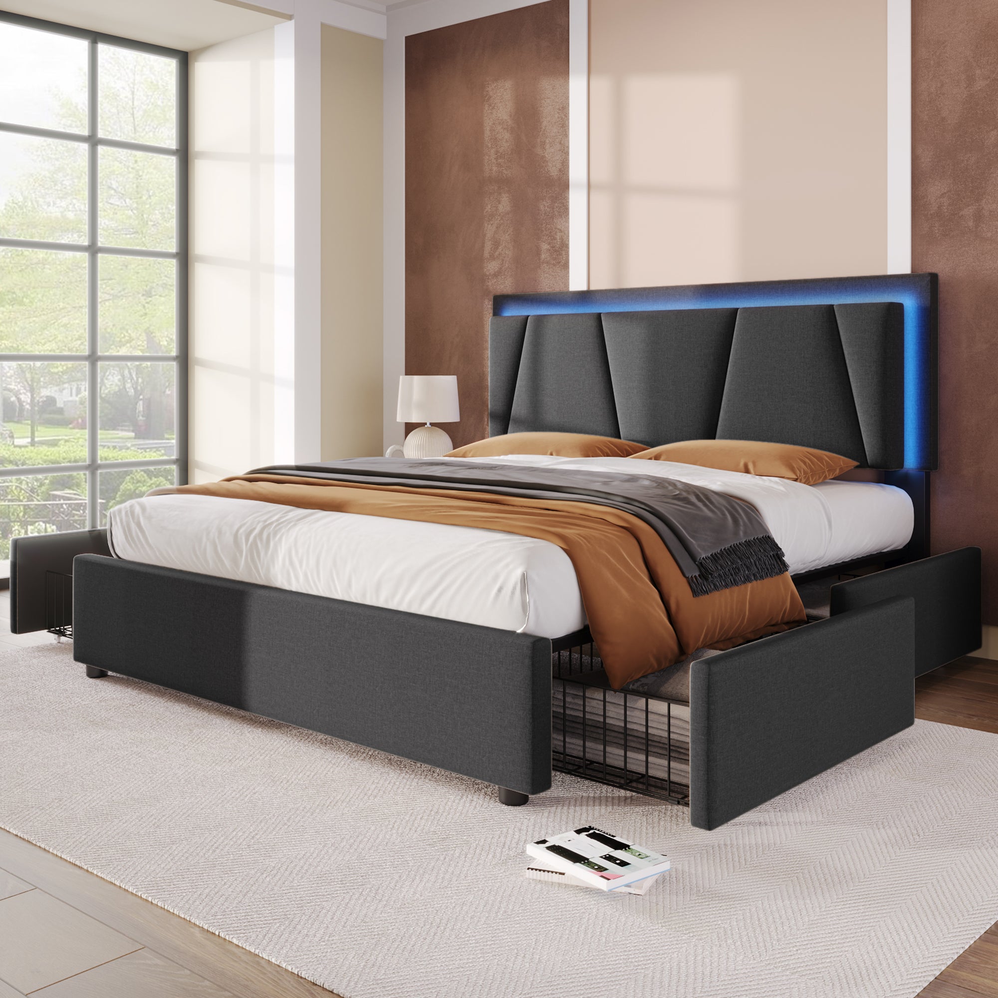 Logidon upholstered bed 140x200 cm with LED lighting and 4 drawers