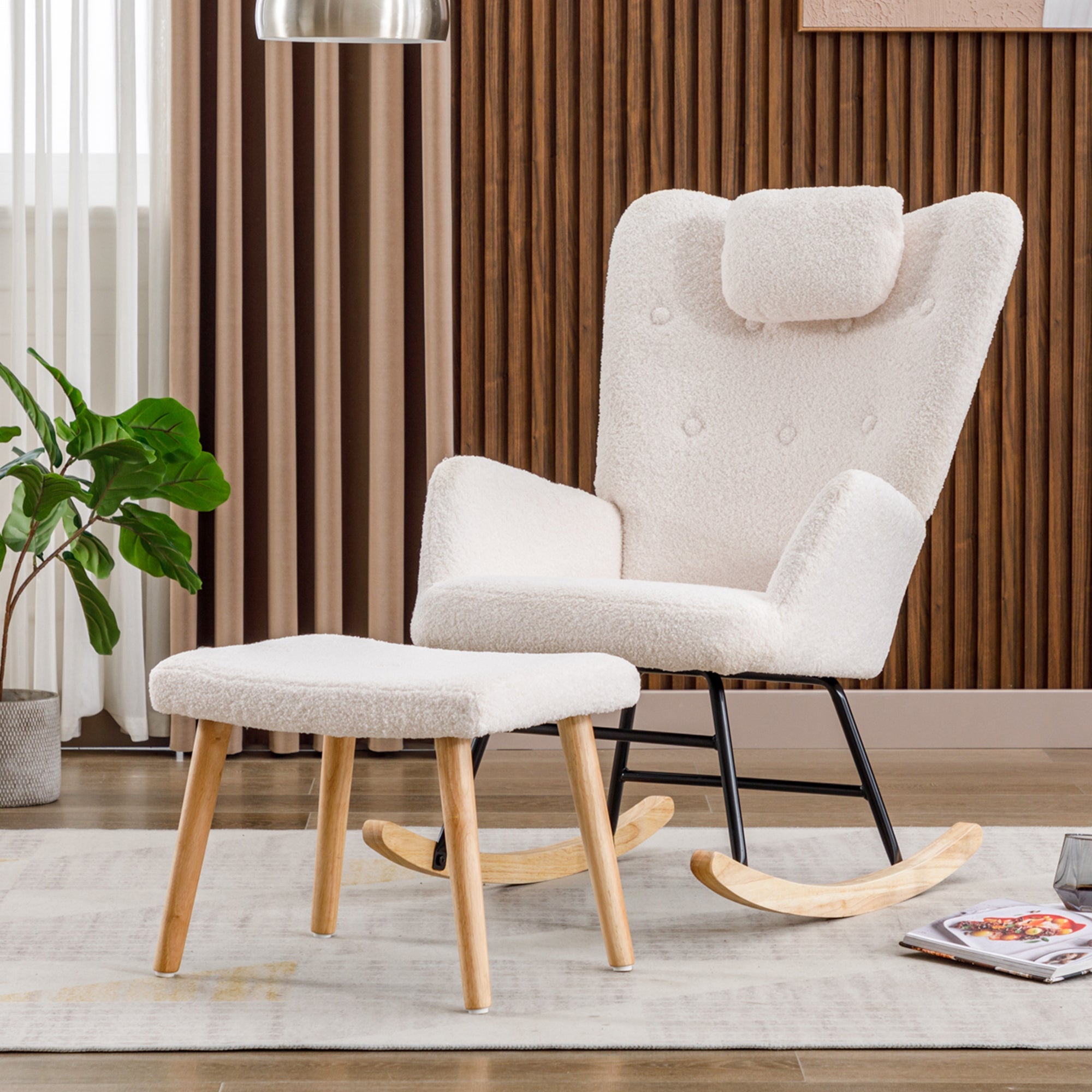 Logidon White Teddy Plush Rocking Chair with Headrest and Footrest