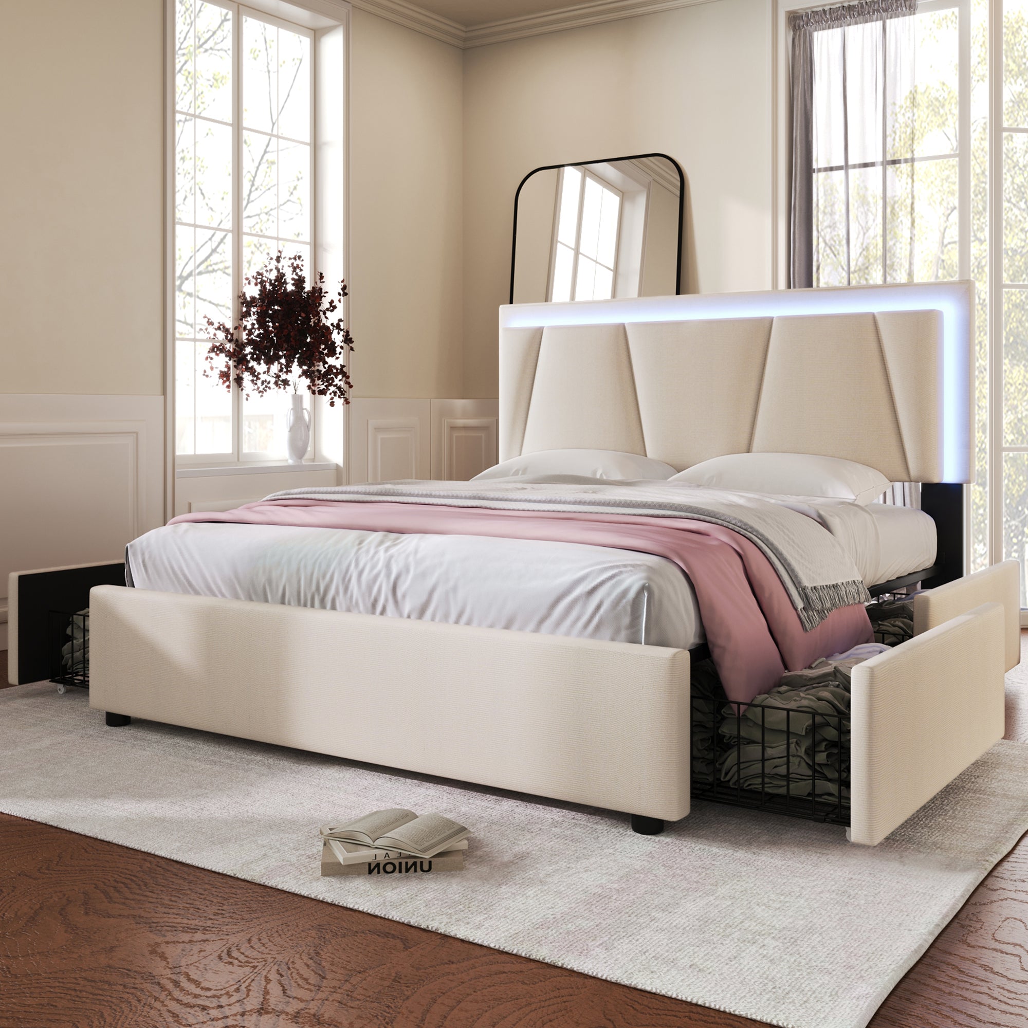 Logidon gestoffeerd bed 160x200 beige met LED verlichting en opbergruimte