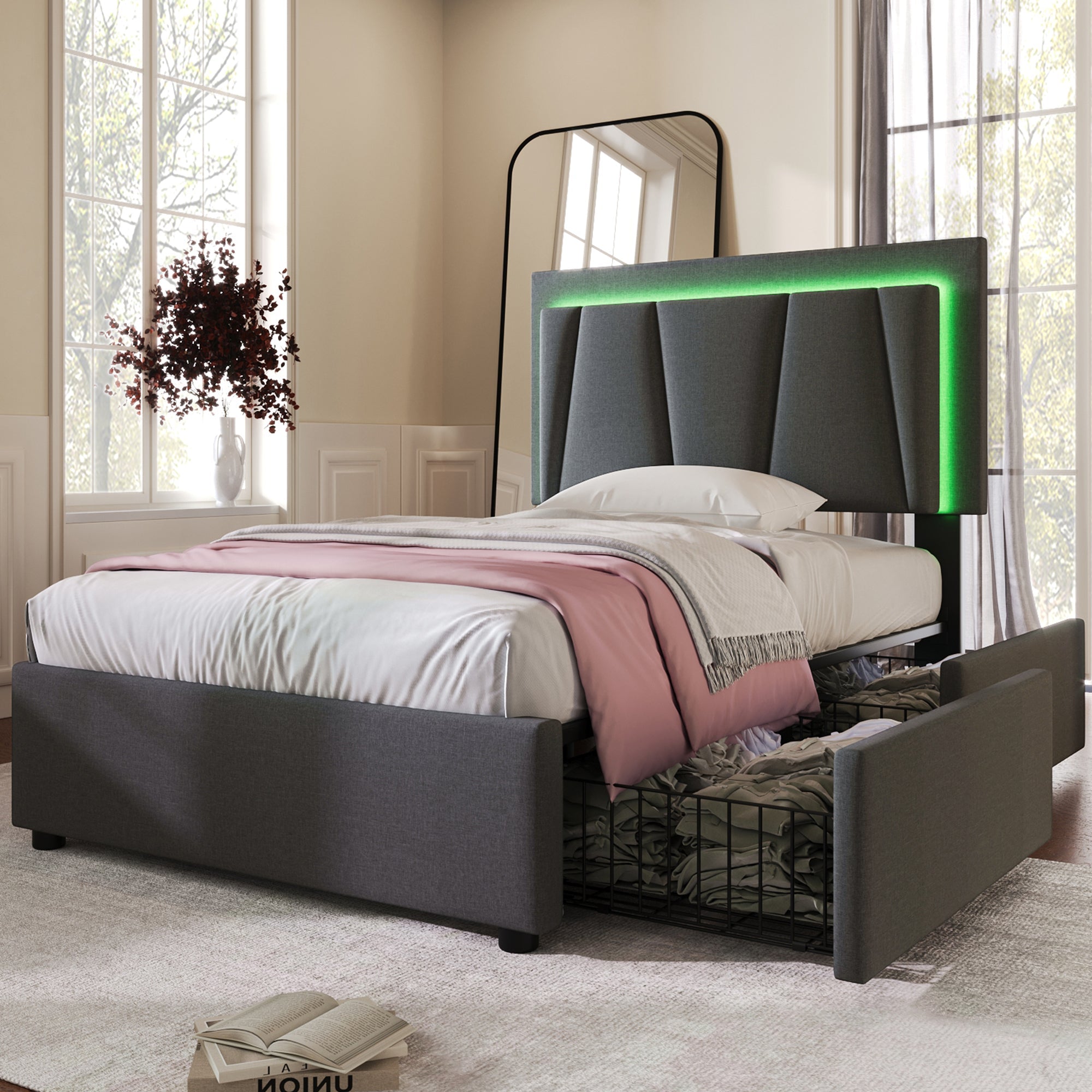 Logidon Garu gestoffeerd bed 90x200cm met LED-verlichting en grijze opbergruimte