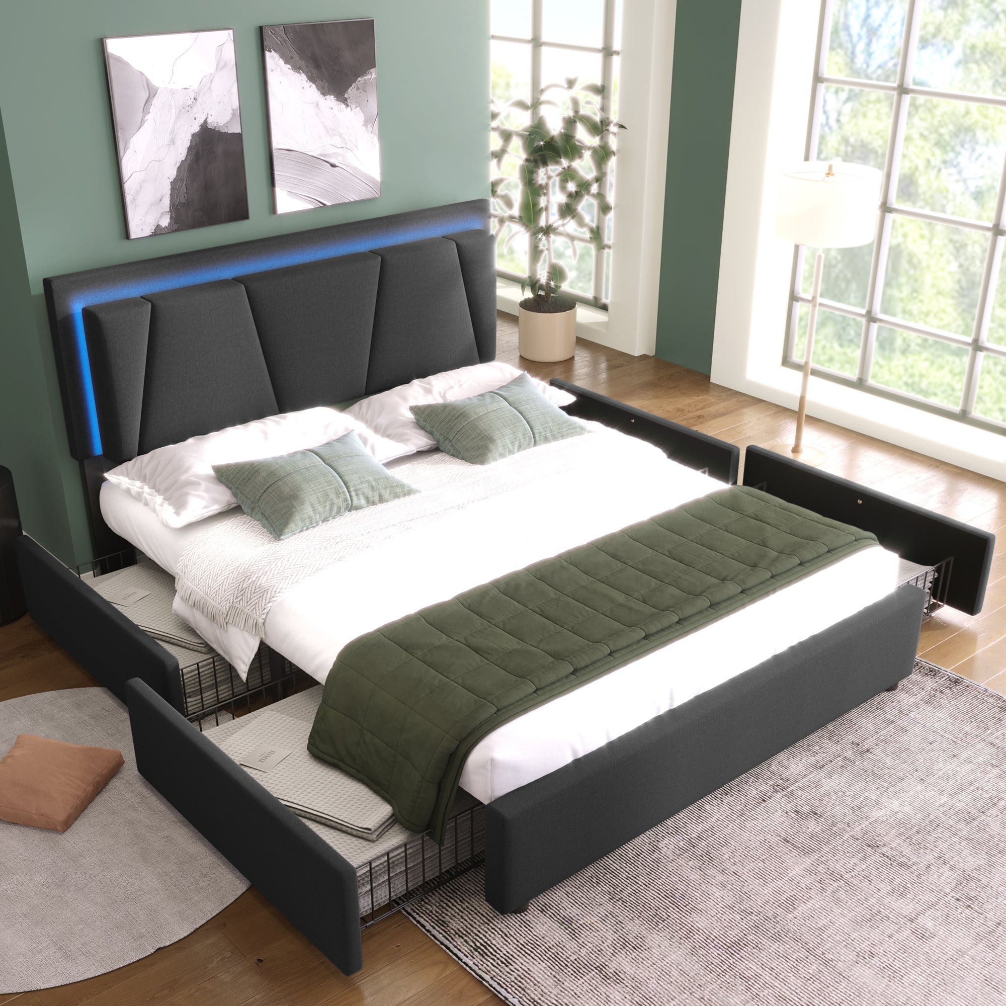 Logidon upholstered bed 140x200 cm with LED lighting and 4 drawers