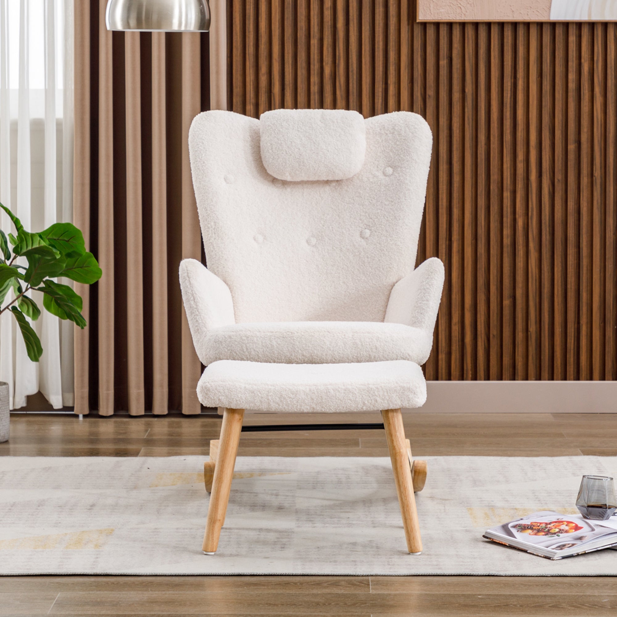 Logidon White Teddy Plush Rocking Chair with Headrest and Footrest
