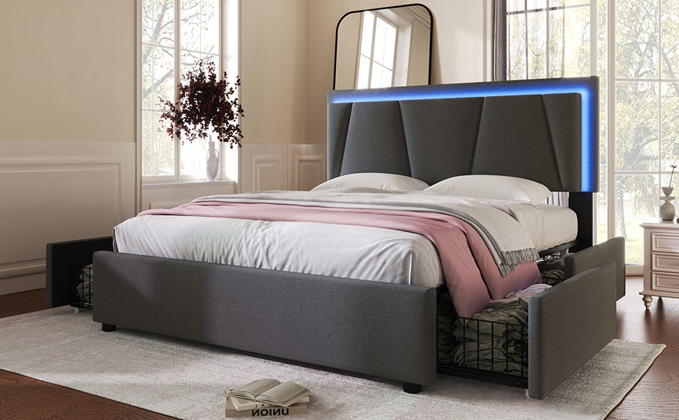 Logidon upholstered bed 140x200 cm with LED lighting and 4 drawers