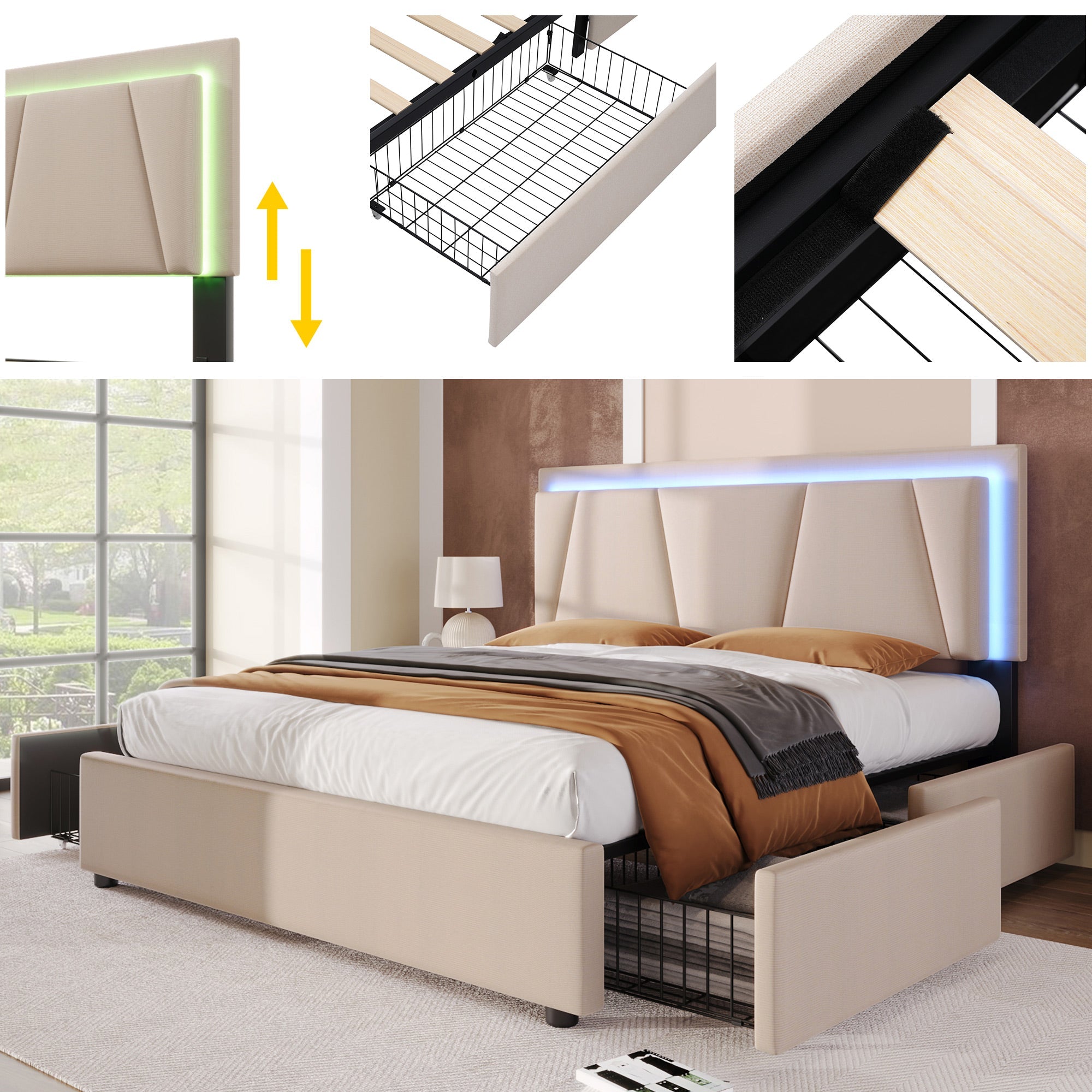 Logidon gestoffeerd bed 160x200 beige met LED verlichting en opbergruimte