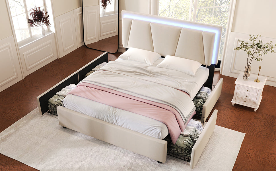 Logidon gestoffeerd bed 160x200 beige met LED verlichting en opbergruimte