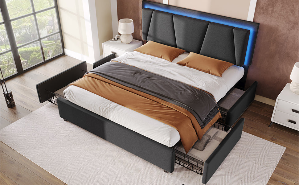 Logidon upholstered bed 140x200 cm with LED lighting and 4 drawers