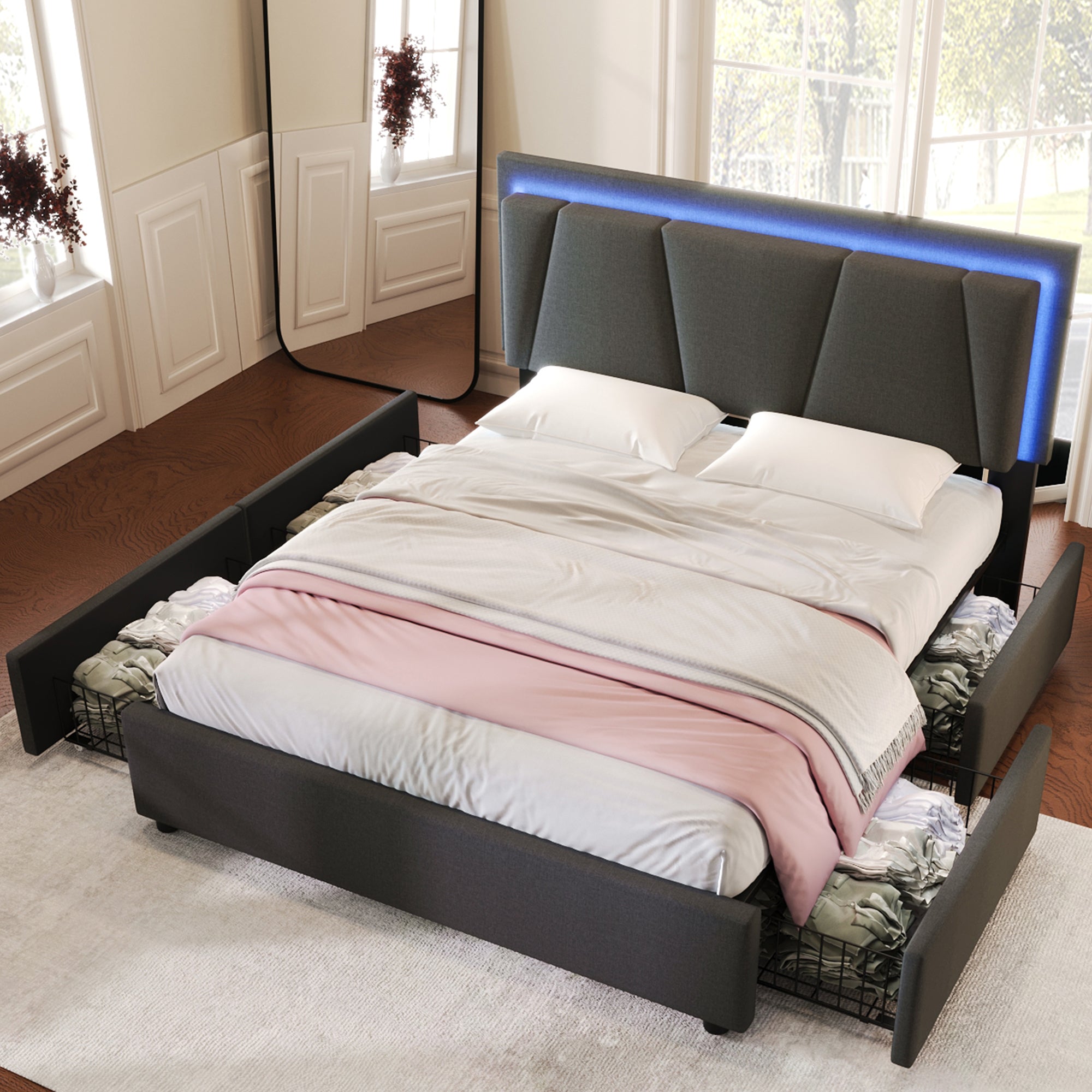 Logidon gestoffeerd bed 140x200 grijs met LED verlichting 4 lades
