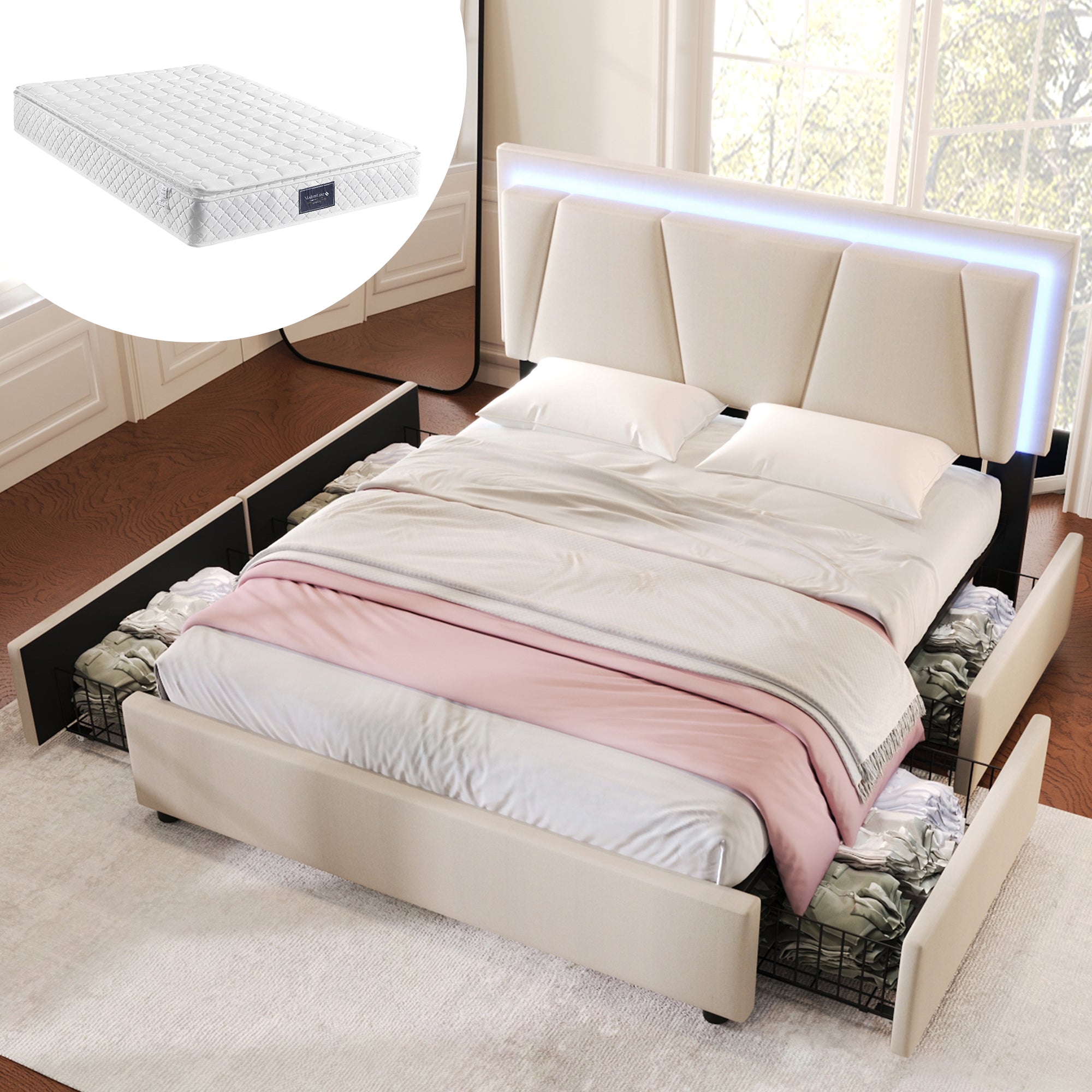 Logidon gestoffeerd bed 160x200 beige met LED verlichting 4 lades