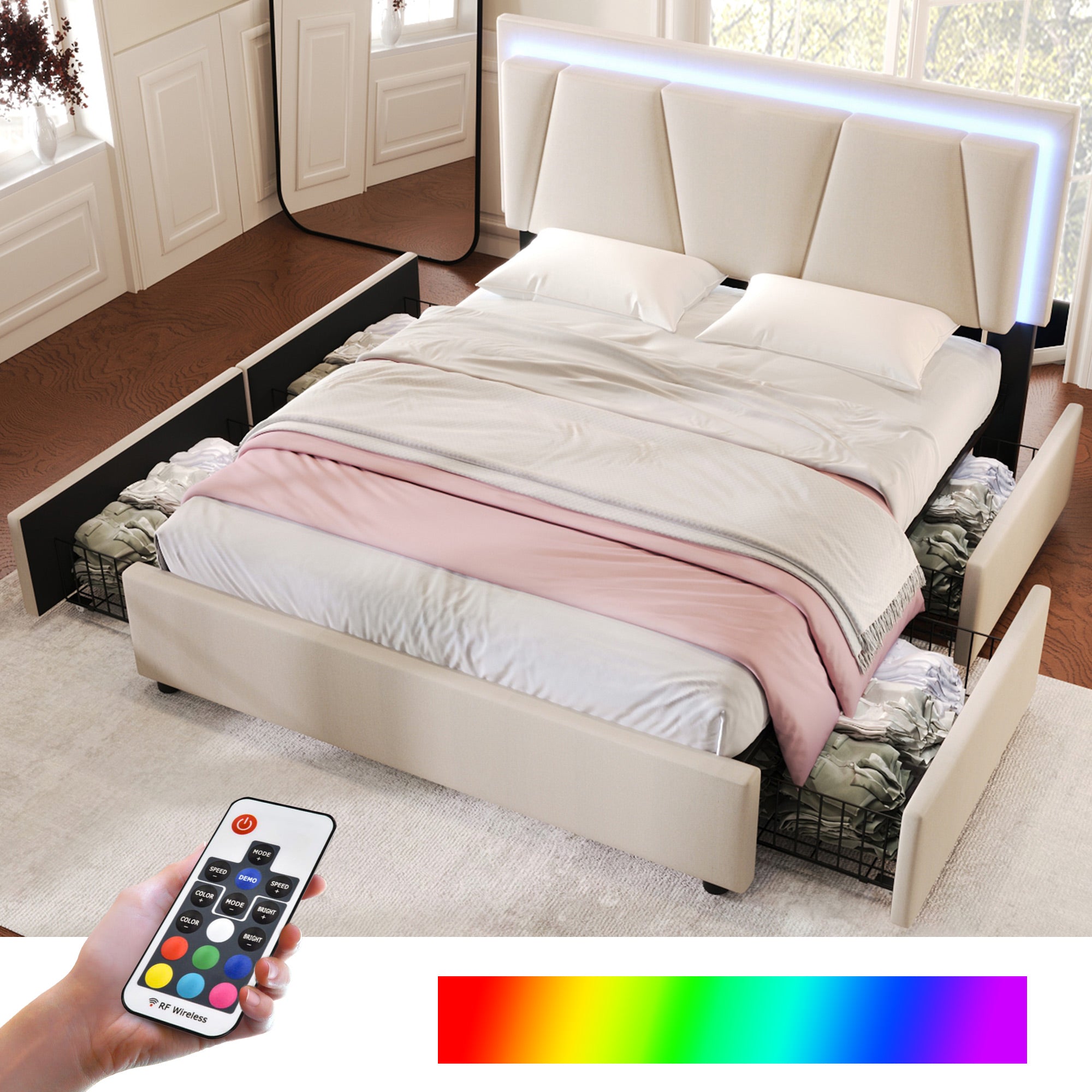 Logidon gestoffeerd bed 160x200 beige met LED verlichting 4 lades