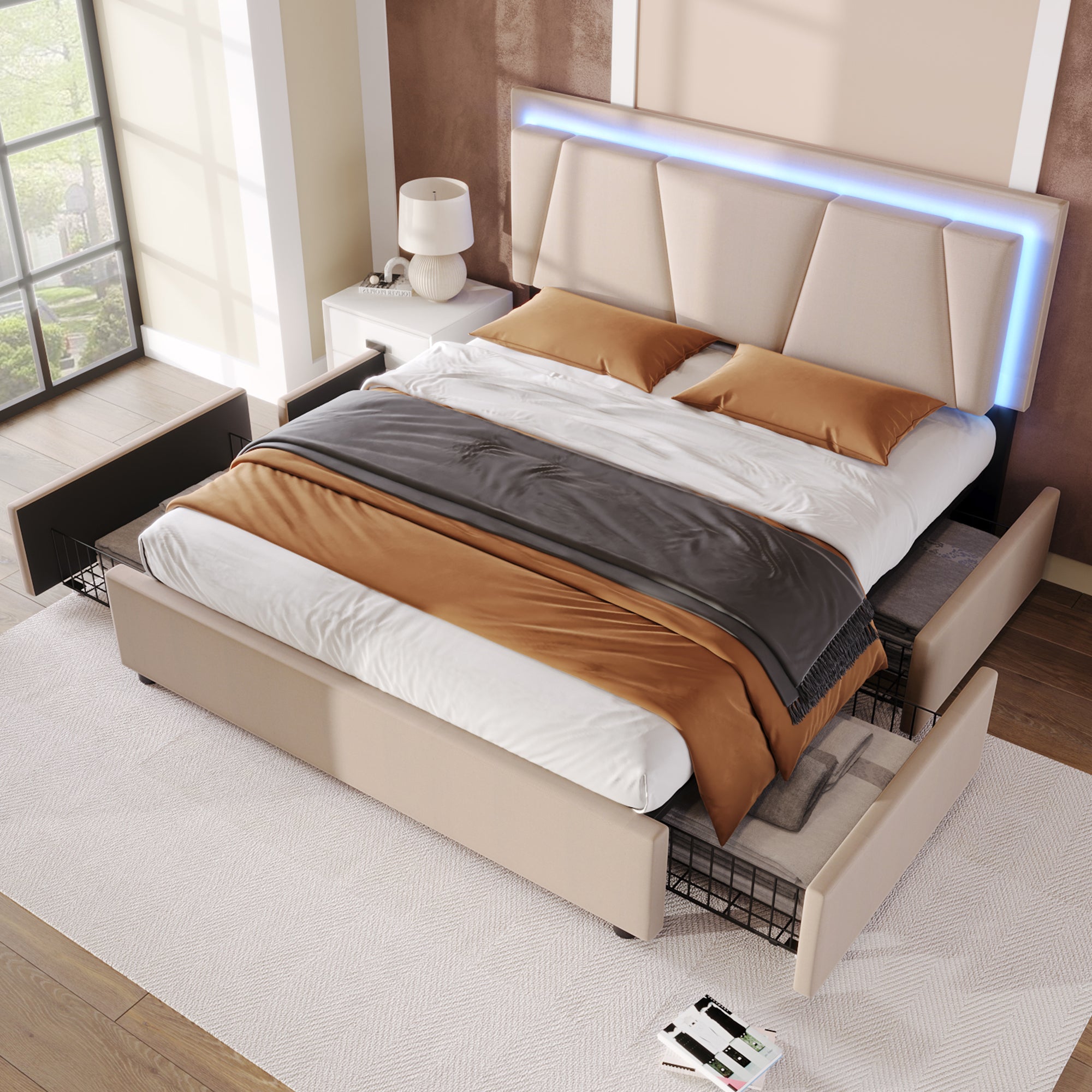 Logidon gestoffeerd bed 160x200 beige met LED verlichting 4 lades
