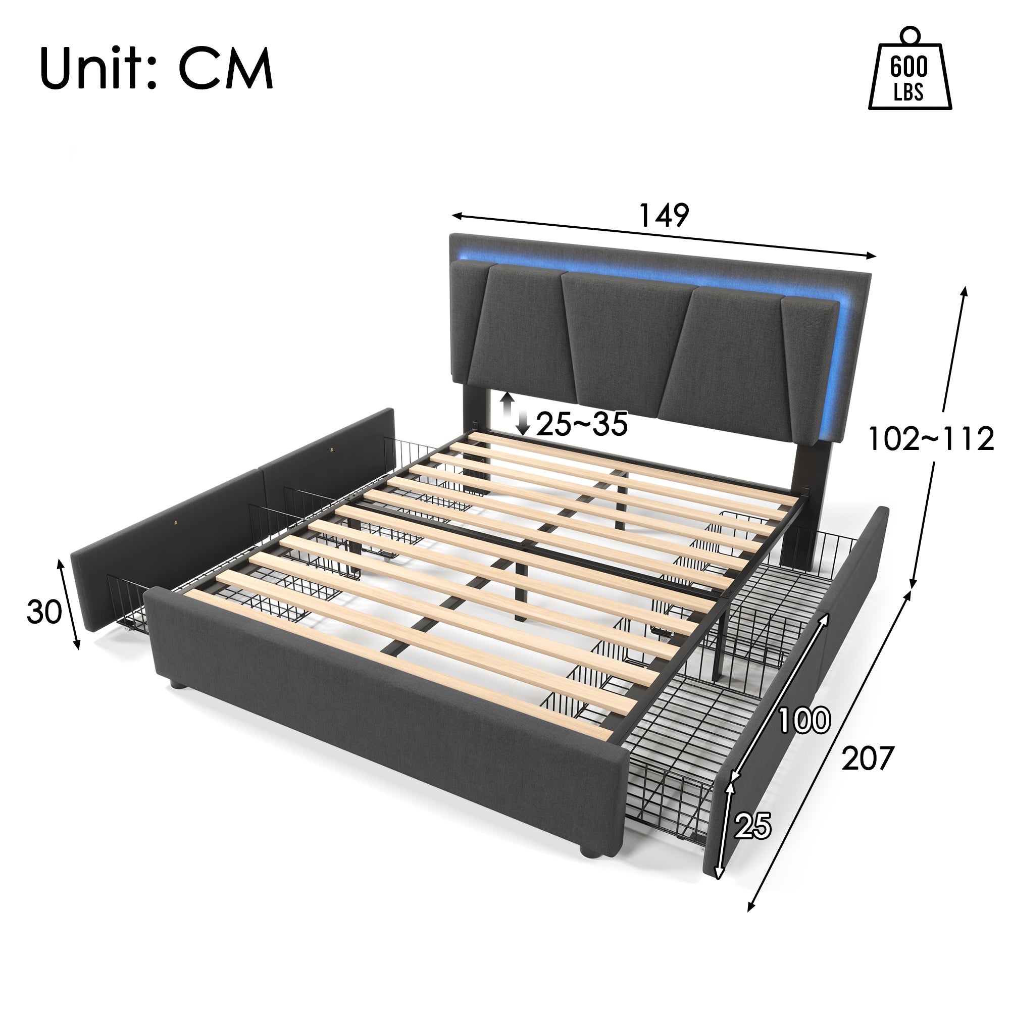 Logidon gestoffeerd bed 140x200 cm met LED-verlichting en 4 lades