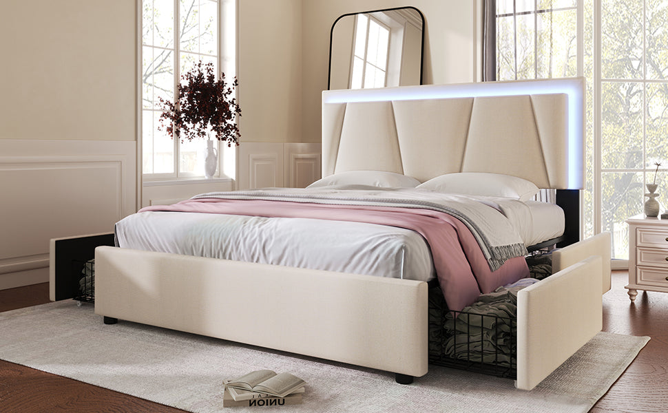 Logidon gestoffeerd bed 160x200 beige met LED verlichting en opbergruimte