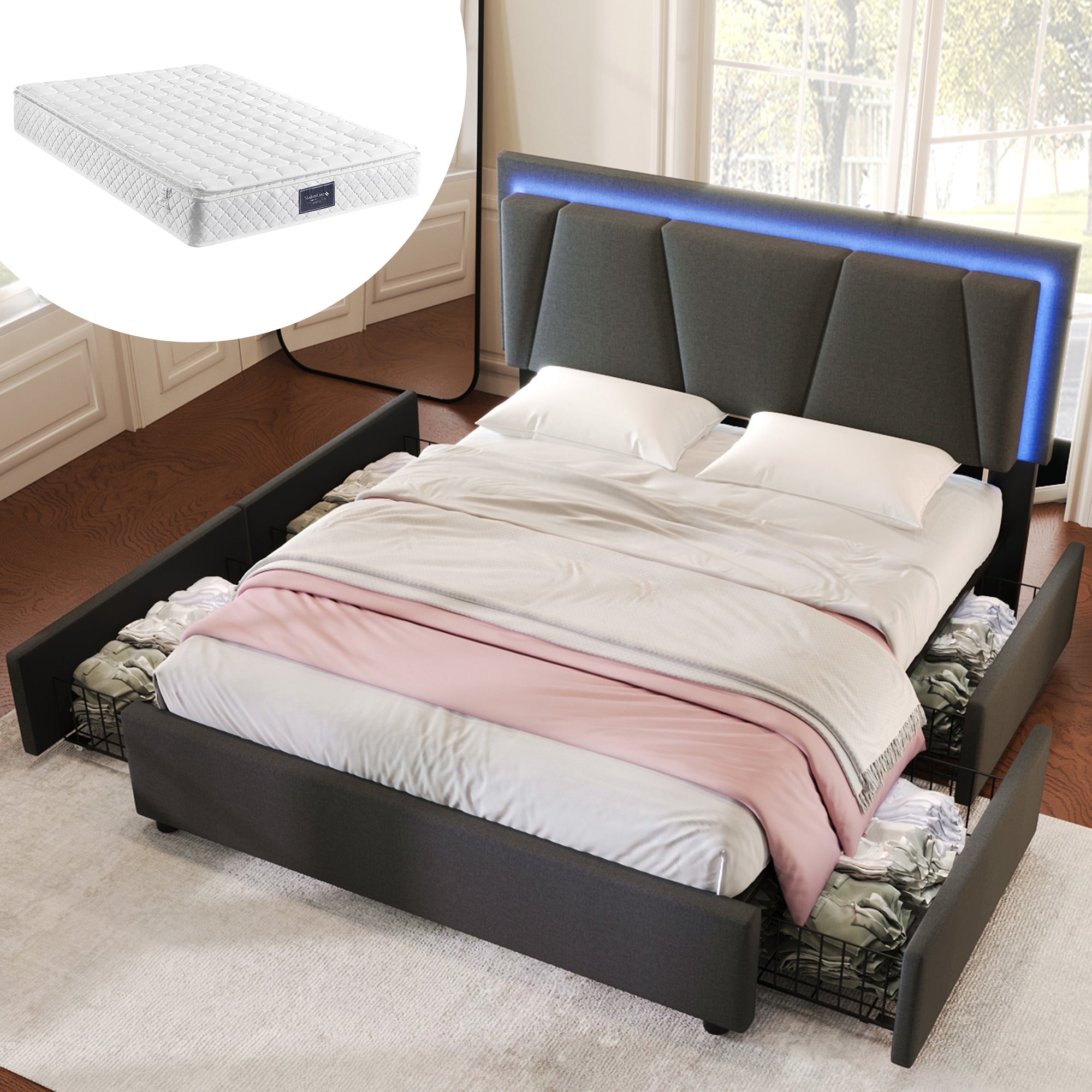 Logidon gestoffeerd bed 140x200 grijs met LED verlichting 4 lades