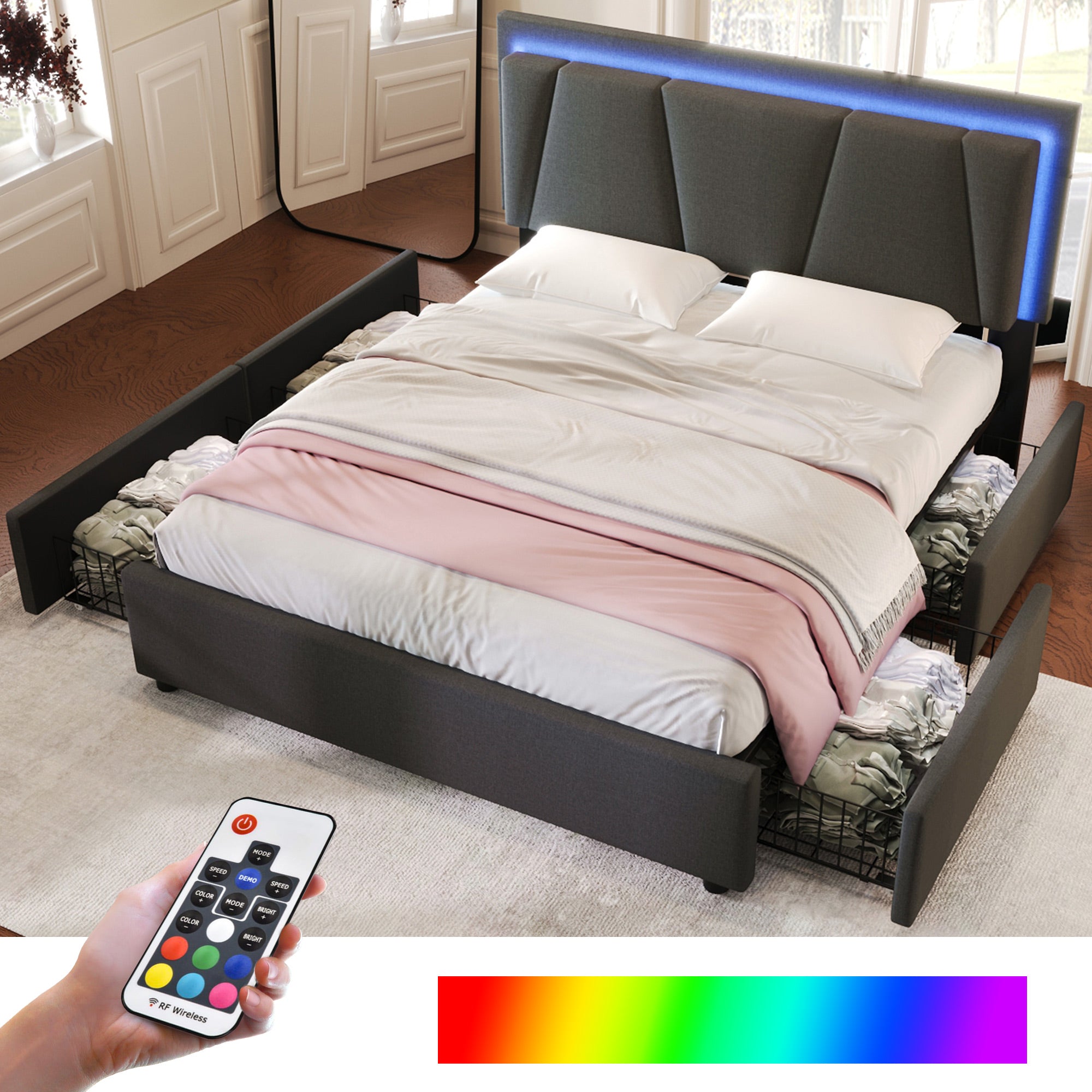 Logidon upholstered bed 140x200 cm with LED lighting and 4 drawers