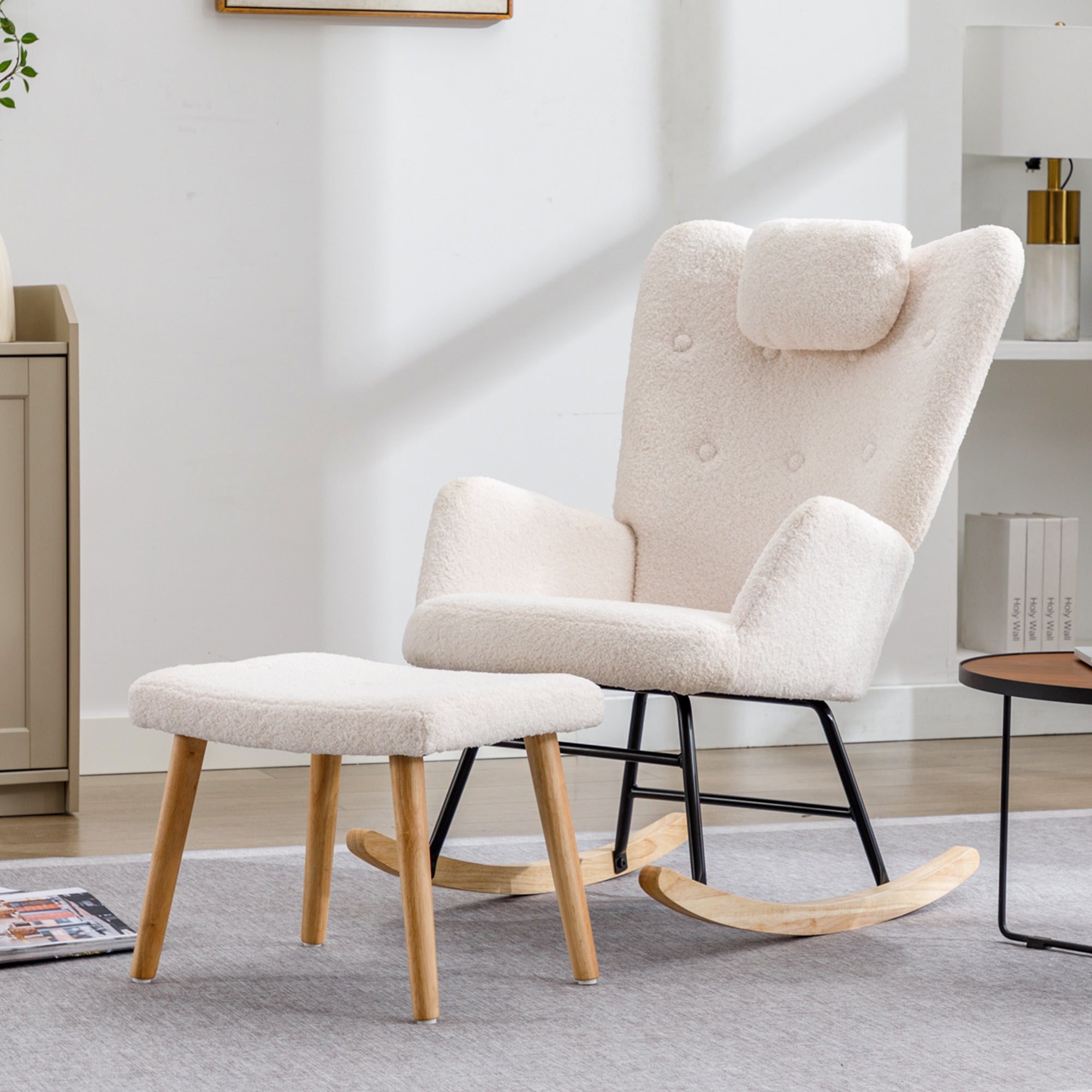 Logidon White Teddy Plush Rocking Chair with Headrest and Footrest