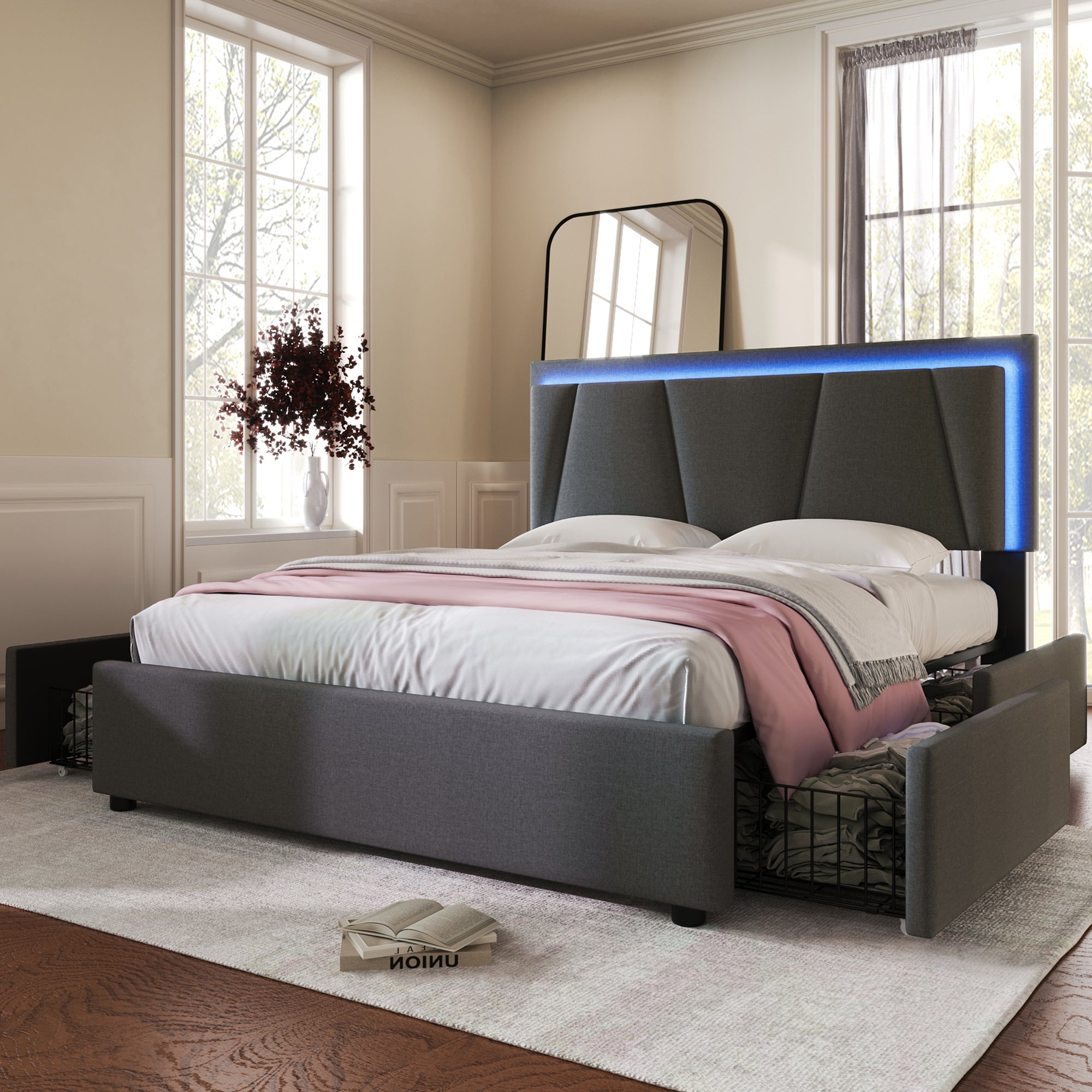 Logidon gestoffeerd bed 140x200 grijs met LED verlichting 4 lades