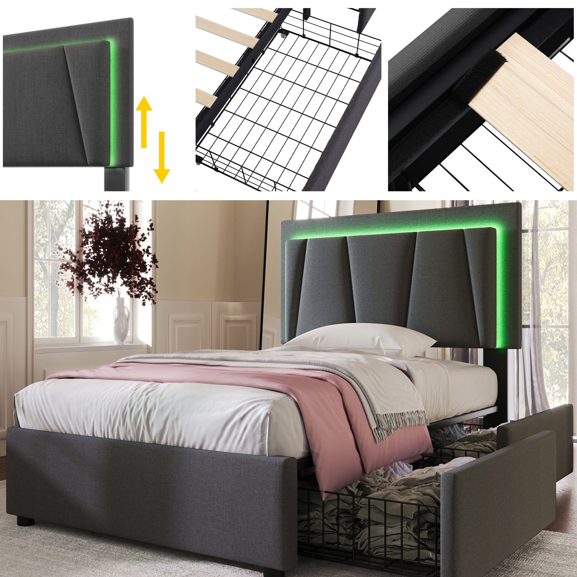 Logidon Garu gestoffeerd bed 90x200cm met LED-verlichting en grijze opbergruimte