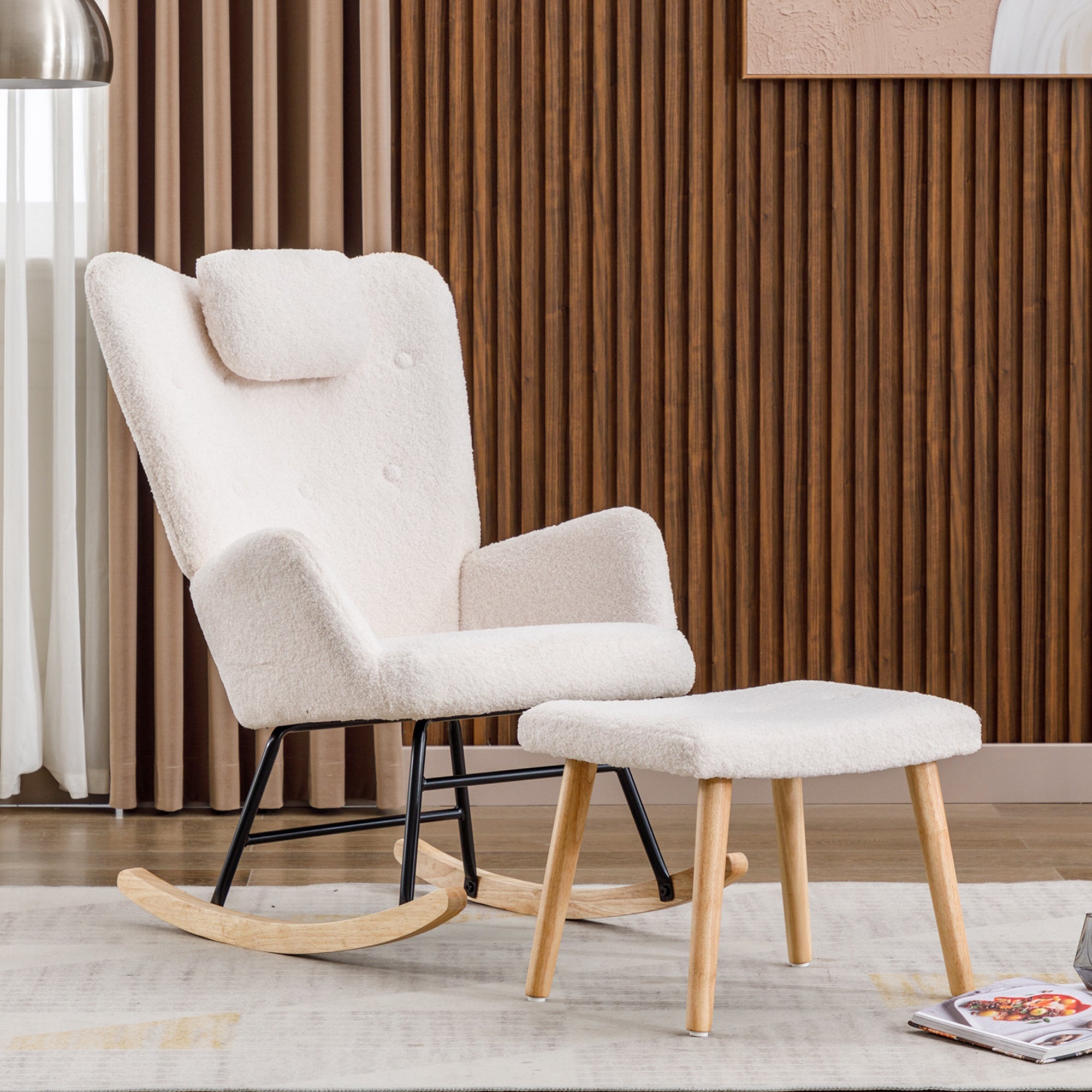 Logidon White Teddy Plush Rocking Chair with Headrest and Footrest