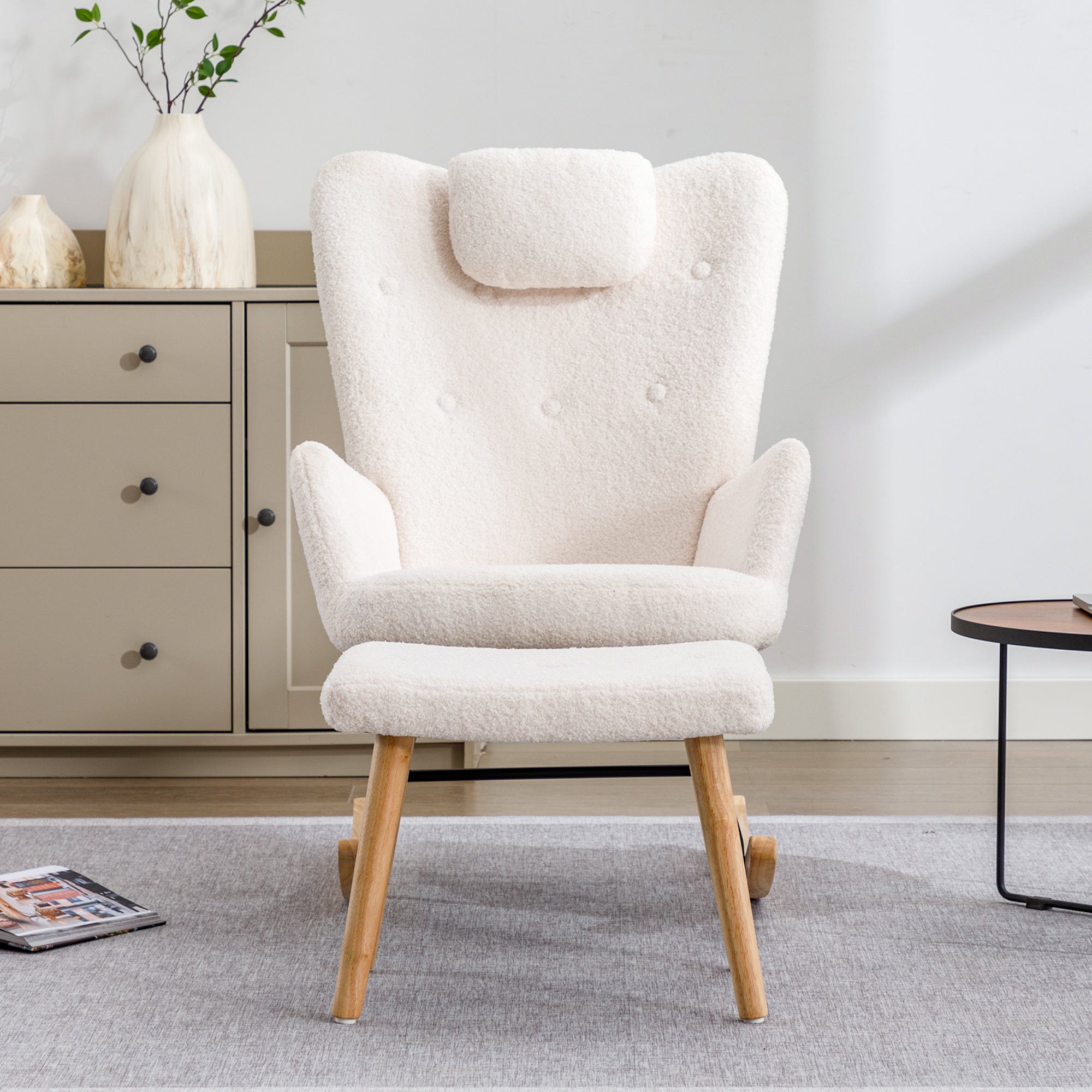 Logidon White Teddy Plush Rocking Chair with Headrest and Footrest