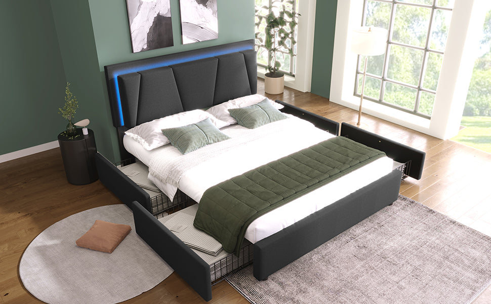 Logidon upholstered bed 140x200 cm with LED lighting and 4 drawers