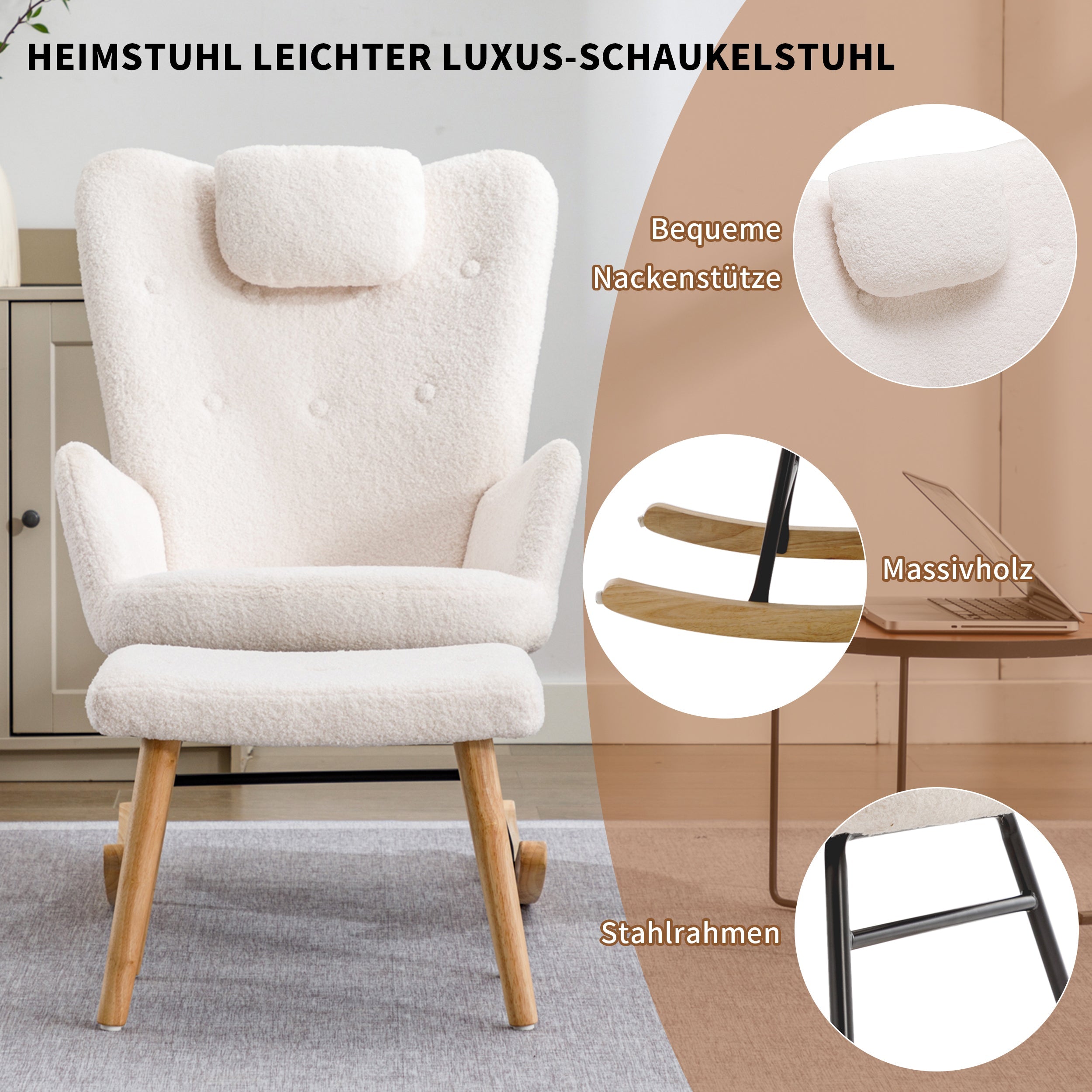 Logidon White Teddy Plush Rocking Chair with Headrest and Footrest