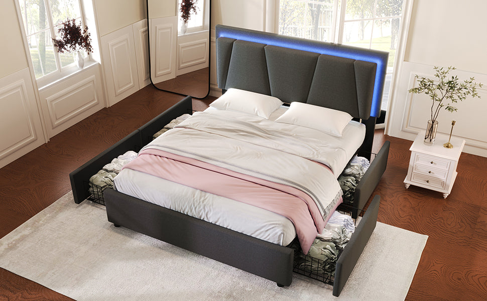 Logidon upholstered bed 140x200 cm with LED lighting and 4 drawers