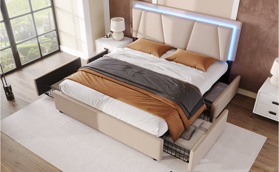 Logidon gestoffeerd bed 160x200 beige met LED verlichting en opbergruimte