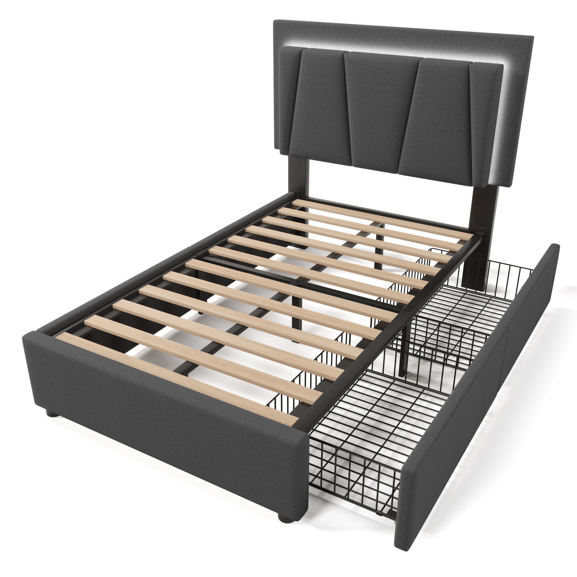 Logidon Garu gestoffeerd bed 90x200cm met LED verlichting en 2 lades grijs