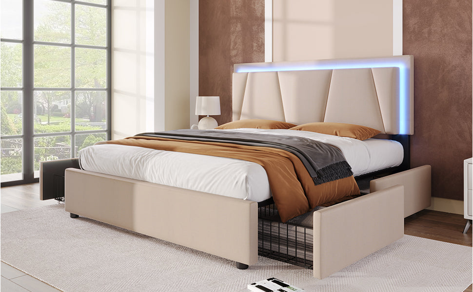 Logidon gestoffeerd bed 160x200 beige met LED verlichting en opbergruimte