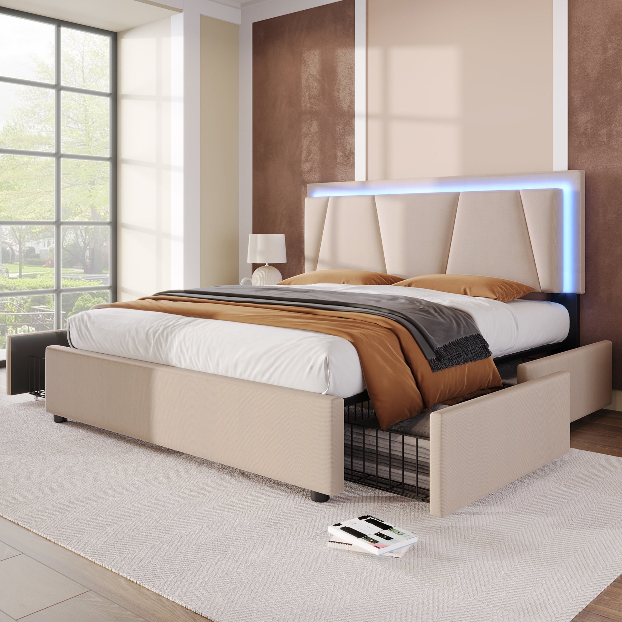 Logidon gestoffeerd bed 160x200 beige met LED verlichting 4 lades