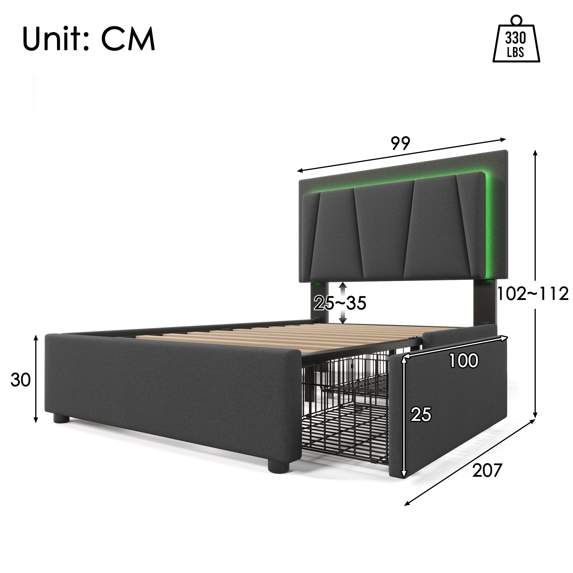 Logidon Garu gestoffeerd bed 90x200cm met LED verlichting en 2 lades grijs