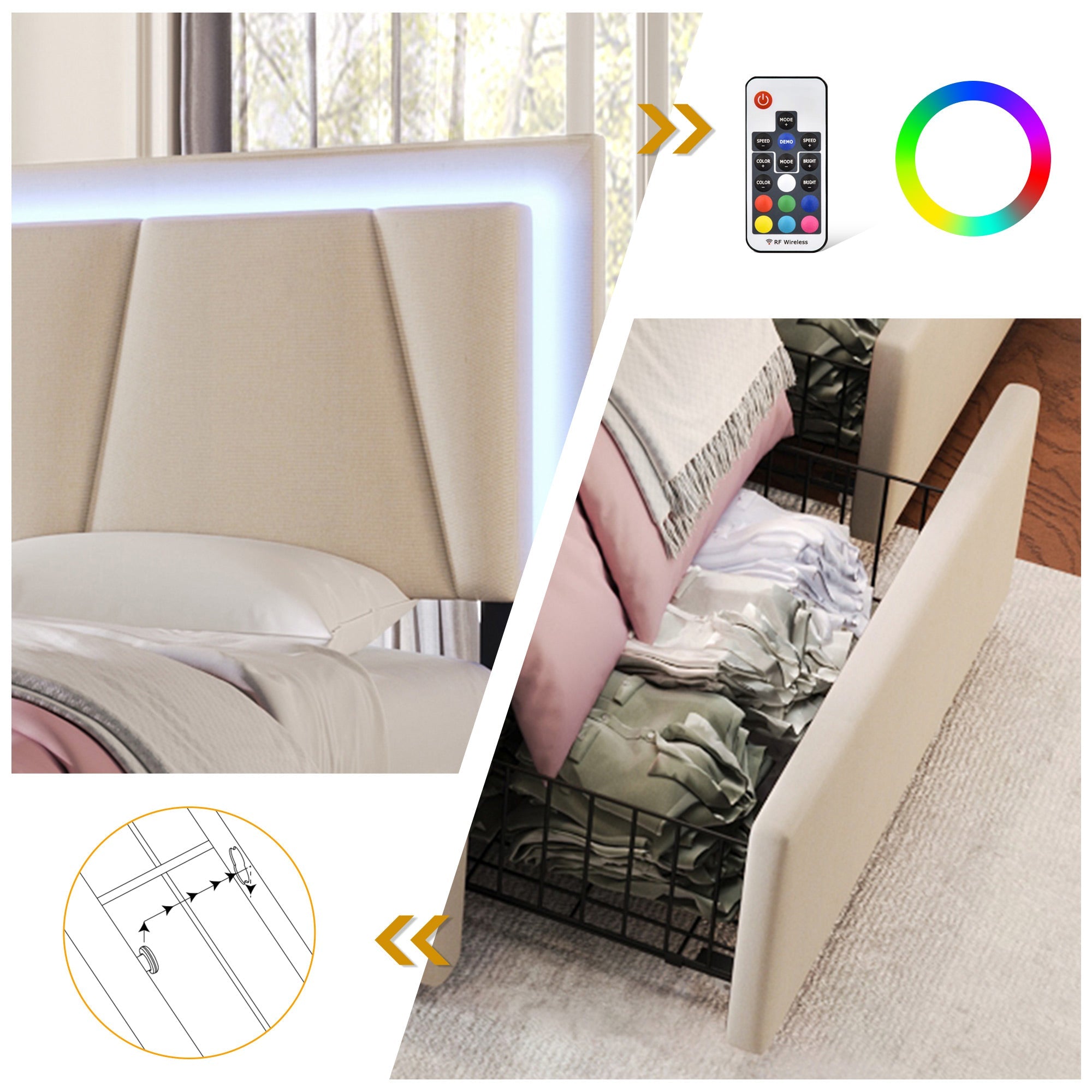 Logidon gestoffeerd bed 160x200 beige met LED verlichting 4 lades