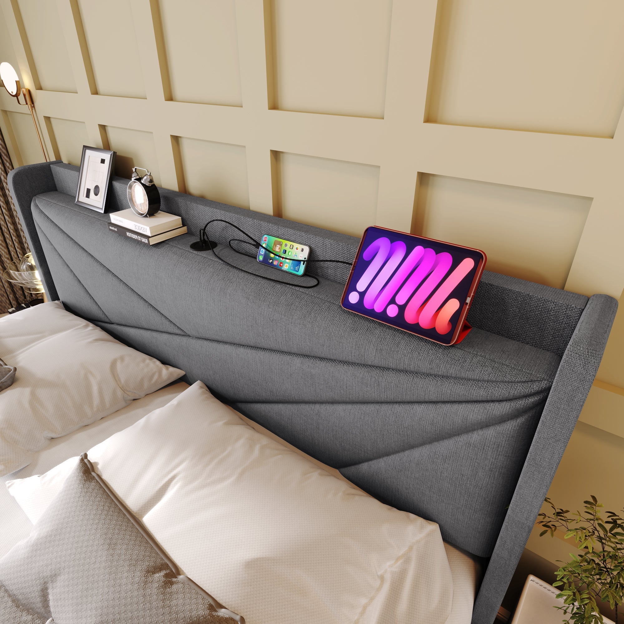 Logidon gestoffeerd bed opbergruimte USB Type C oplaadfunctie 160x200 grijs