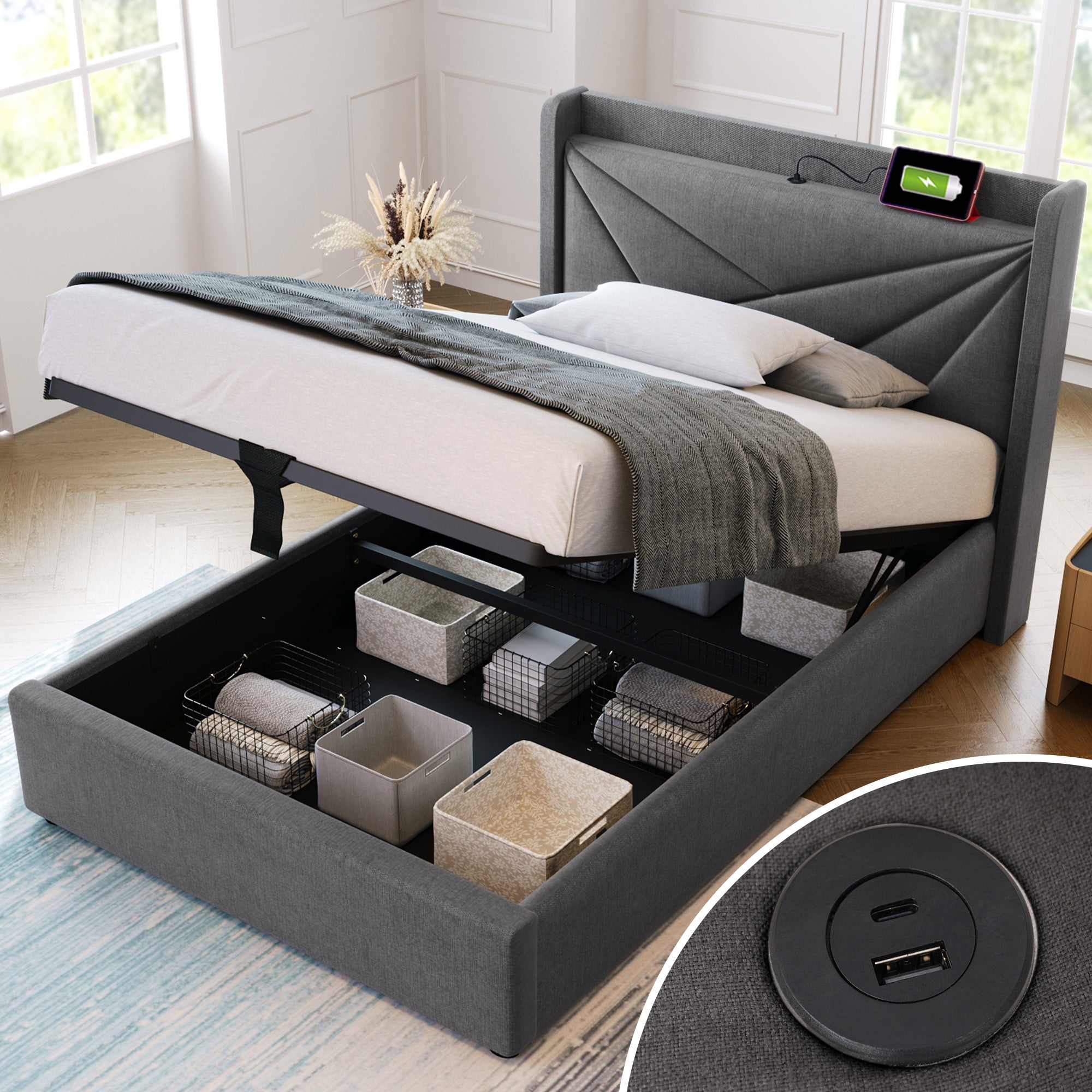 Logidon gestoffeerd bed opbergruimte 90x200 grijs USB Type C oplaadfunctie