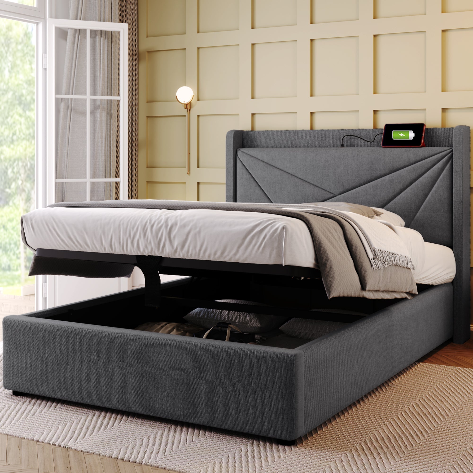 Logidon gestoffeerd bed opbergruimte 90x200 grijs USB Type C oplaadfunctie