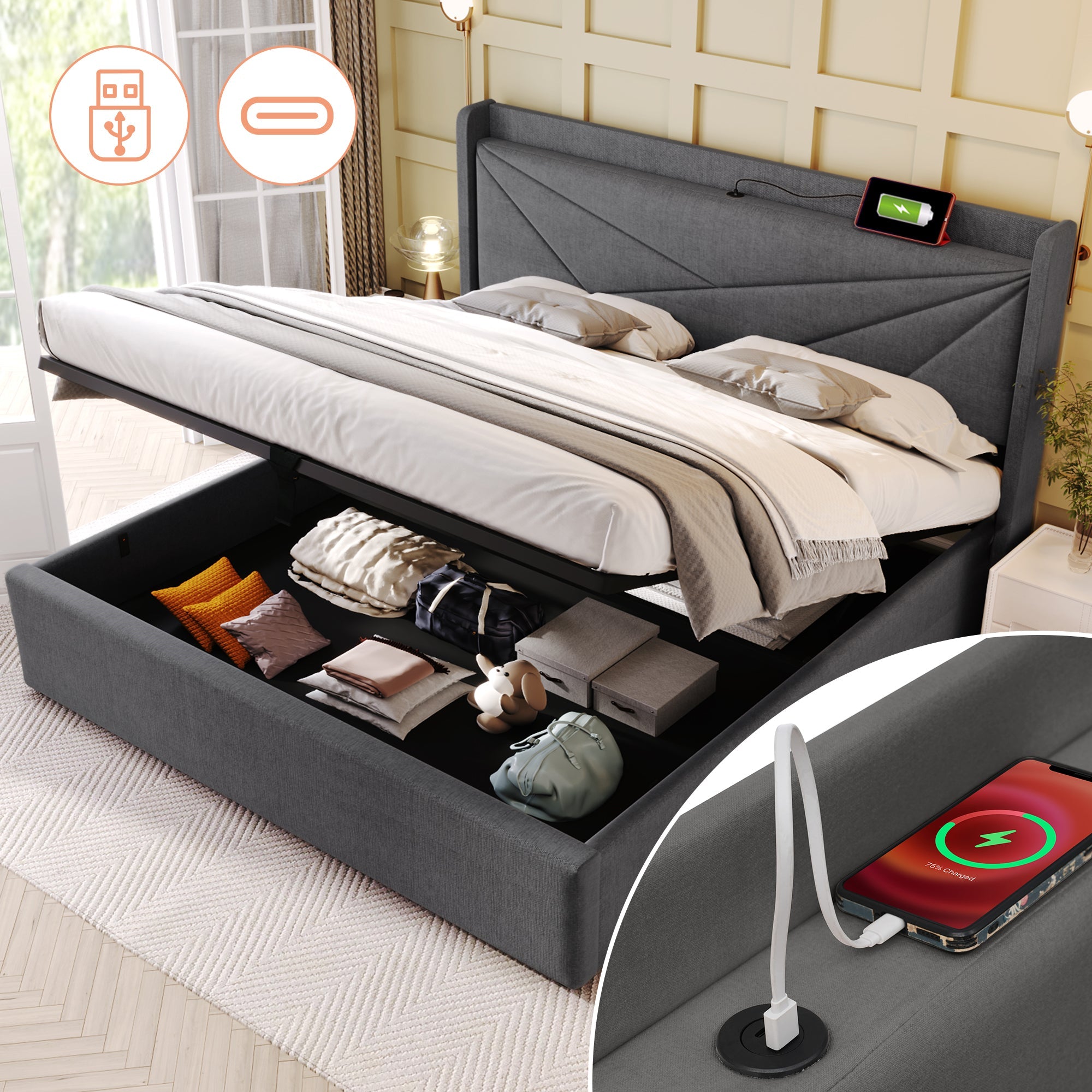 Logidon gestoffeerd bed opbergruimte USB Type C oplaadfunctie 160x200 grijs