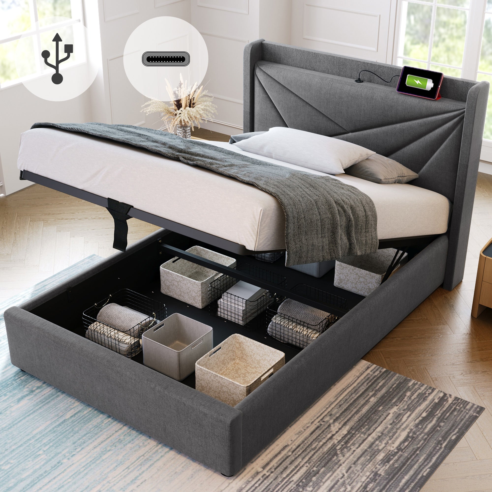 Logidon upholstered bed 90x200 storage space USB Type C charging function gray linen