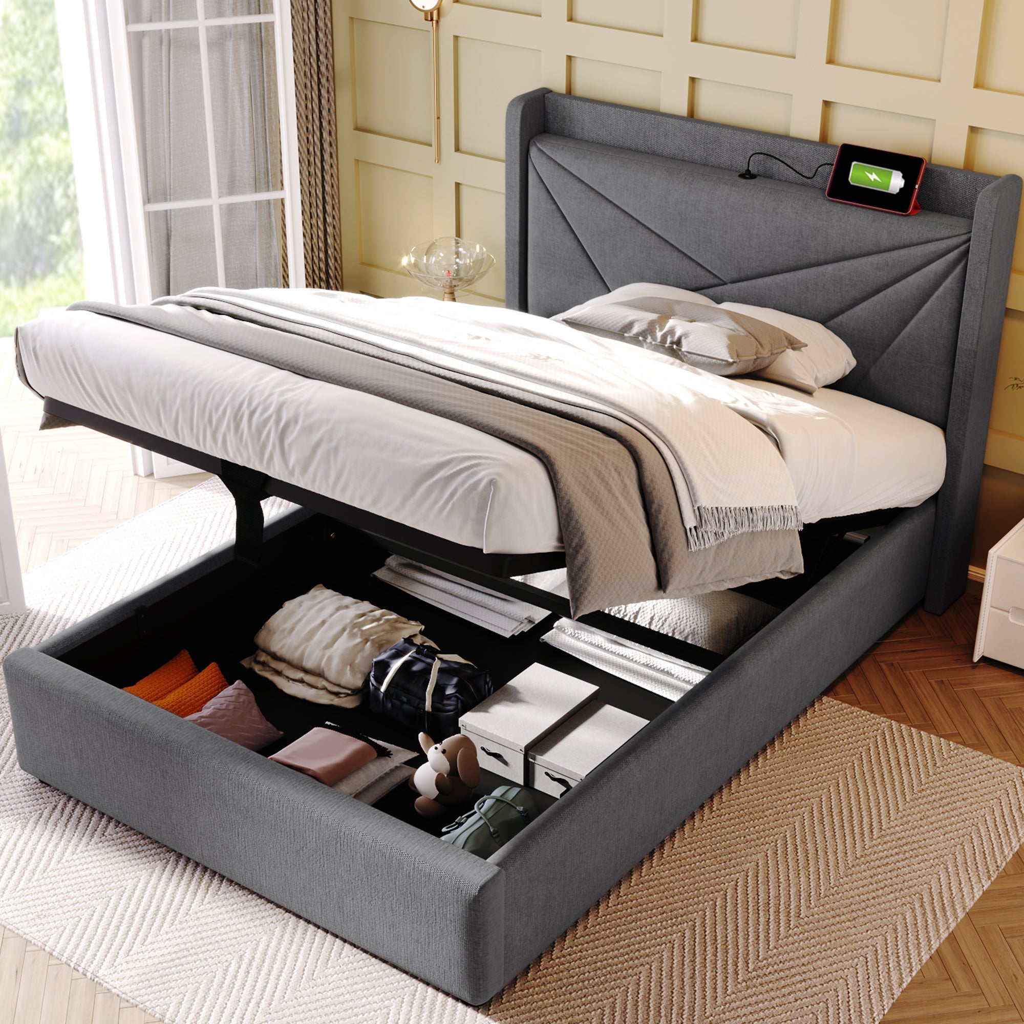 Logidon gestoffeerd bed opbergruimte 90x200 grijs USB Type C oplaadfunctie