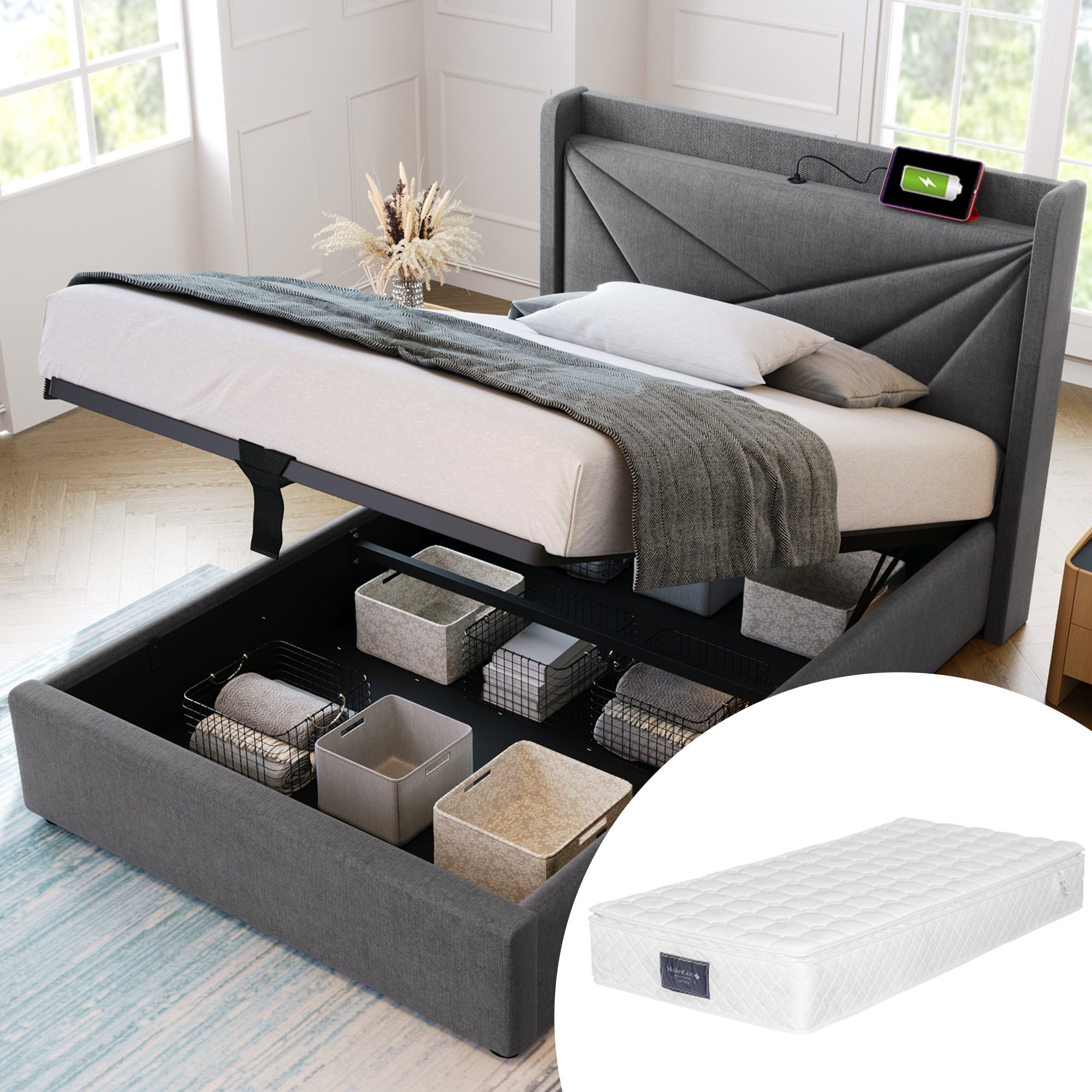Logidon gestoffeerd bed opbergruimte 90x200 grijs USB Type C oplaadfunctie