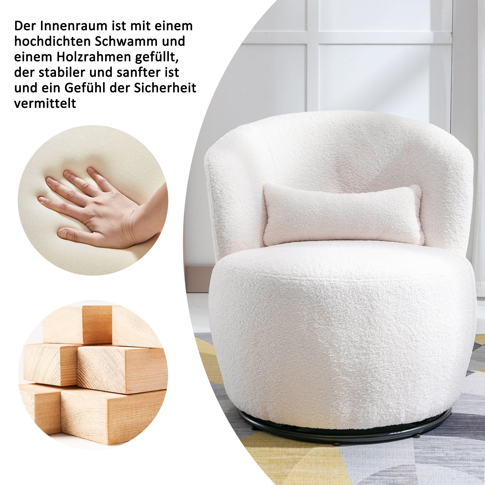 Logidon Witte Teddy Pluche Draaistoel Lendenkussen 100 kg Draagvermogen