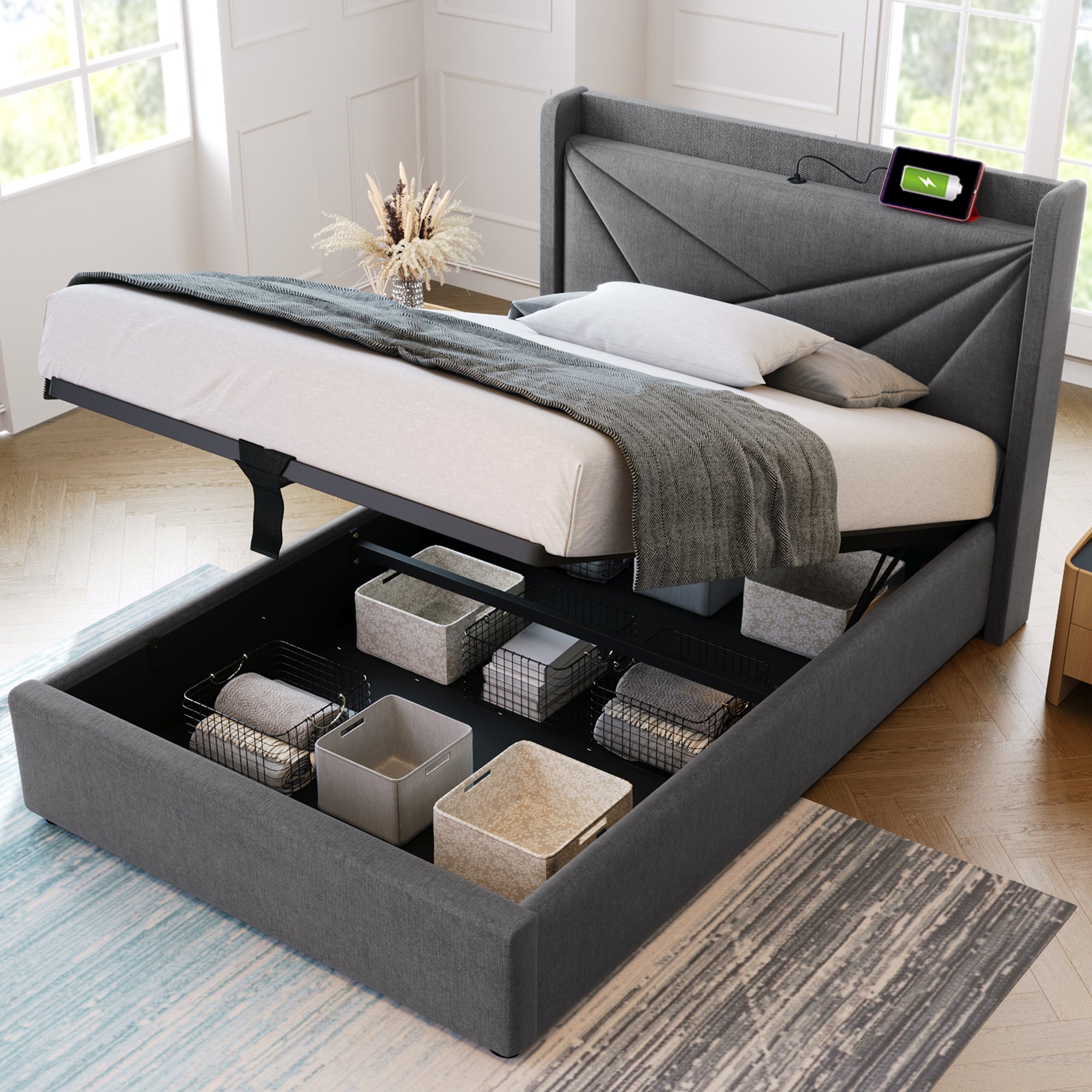 Logidon gestoffeerd bed opbergruimte 90x200 grijs USB Type C oplaadfunctie