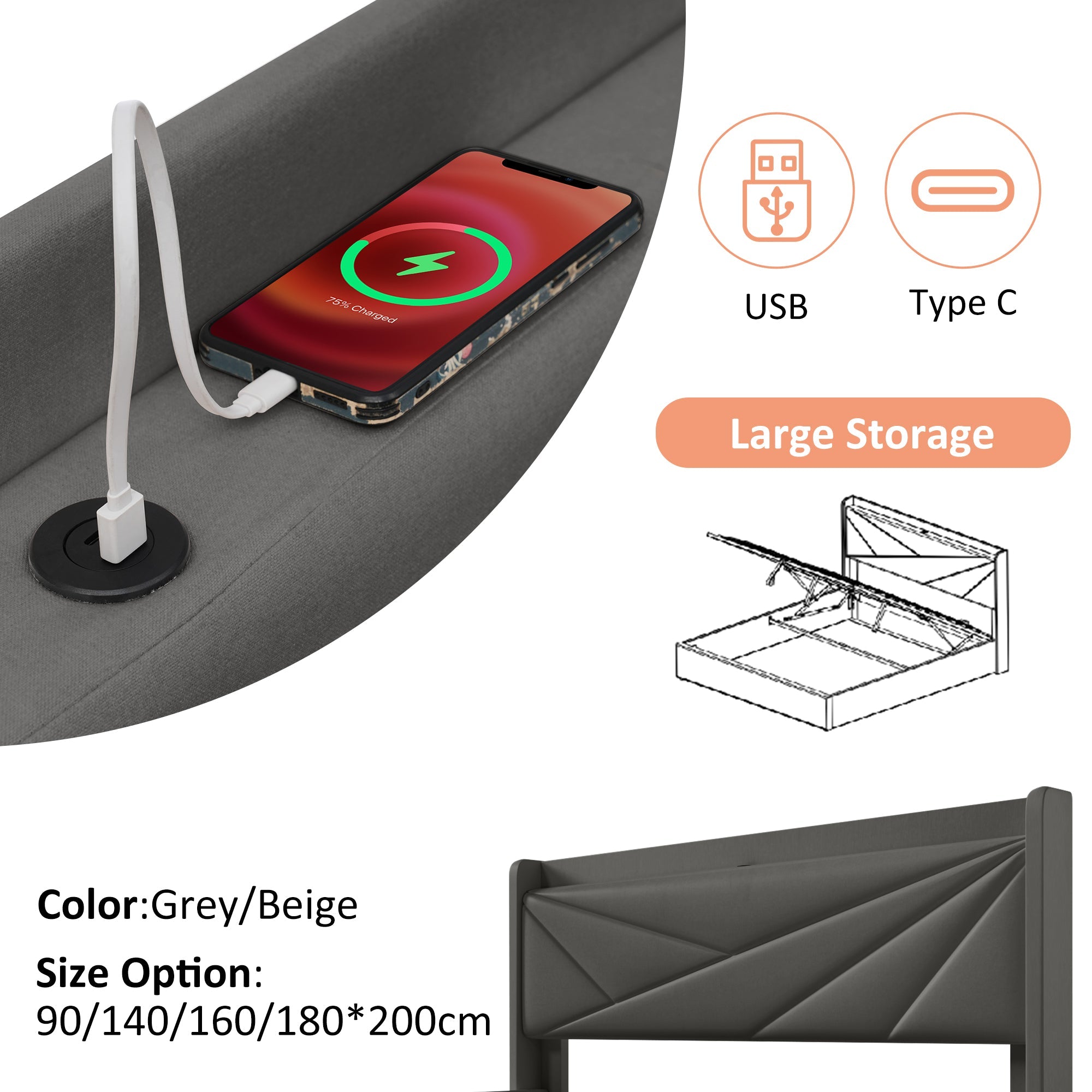 Logidon gestoffeerd bed opbergruimte USB Type C oplaadfunctie 160x200 grijs