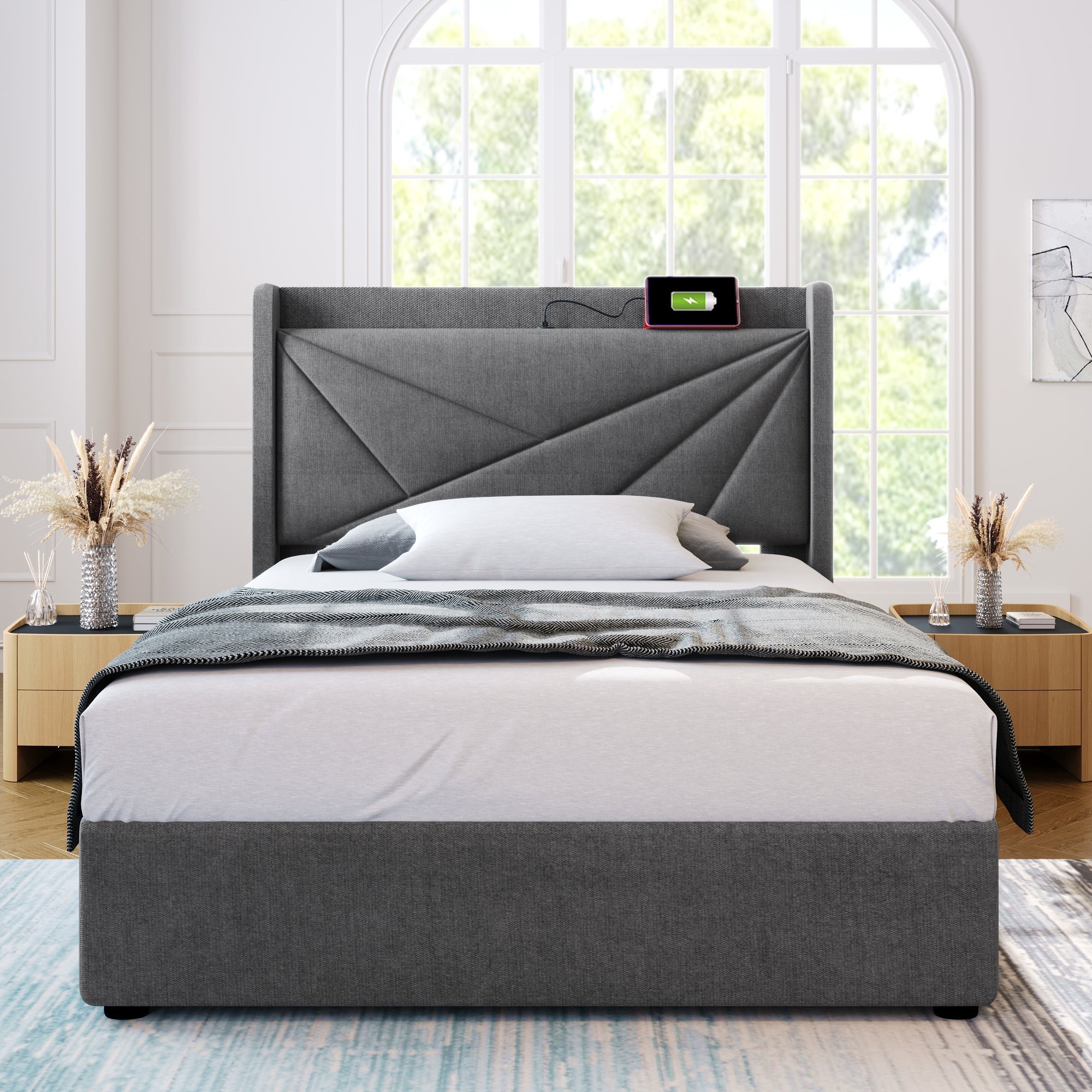 Logidon gestoffeerd bed opbergruimte 90x200 grijs USB Type C oplaadfunctie