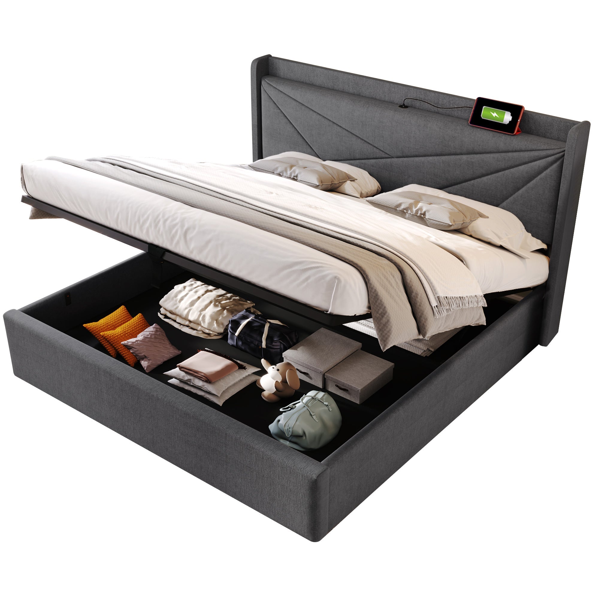 Logidon gestoffeerd bed opbergruimte USB Type C oplaadfunctie 160x200 grijs