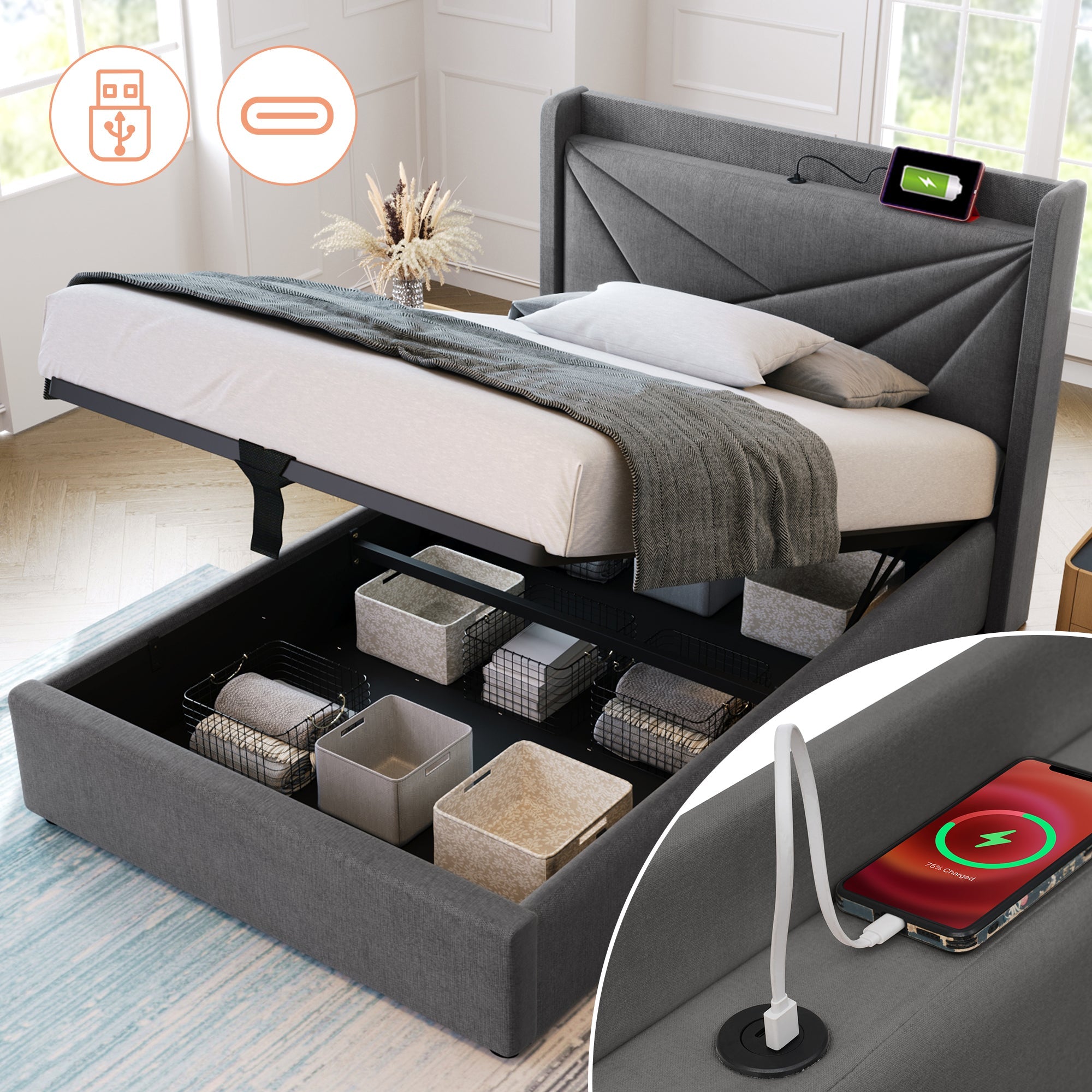 Logidon gestoffeerd bed opbergruimte 90x200 grijs USB Type C oplaadfunctie