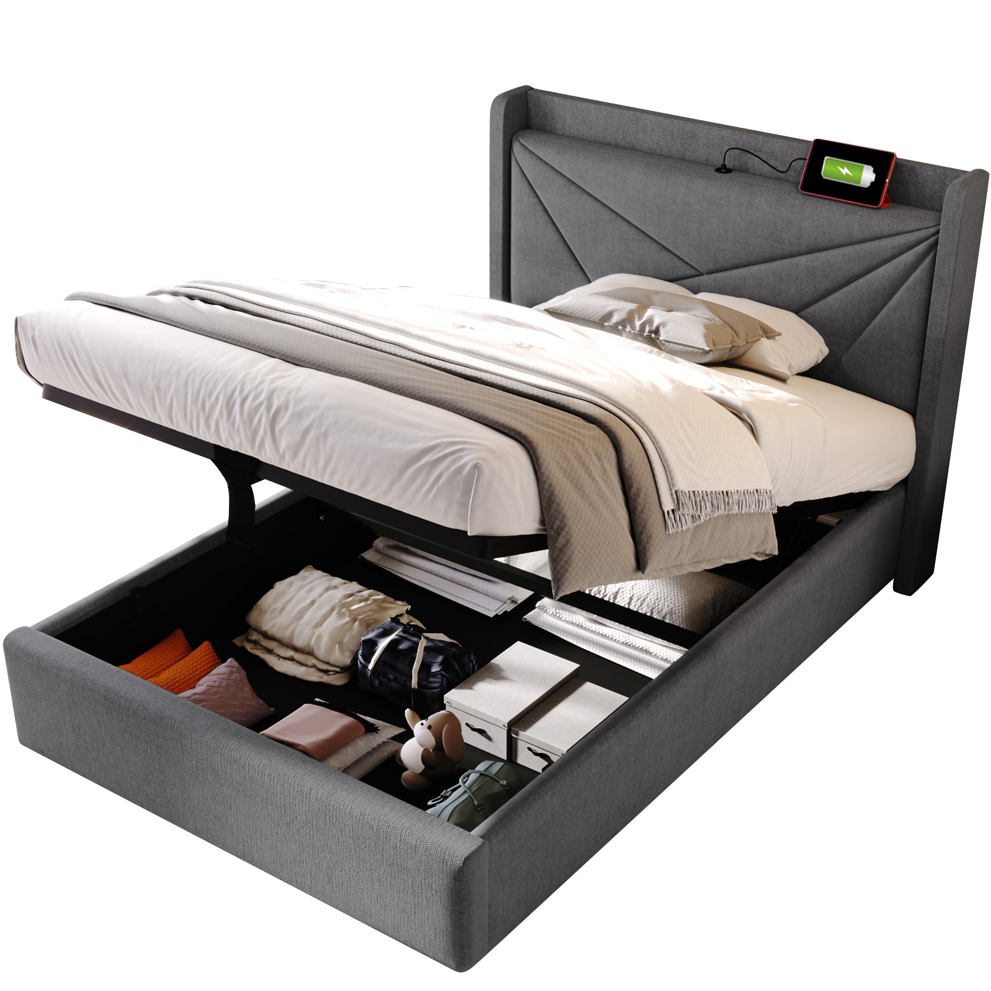 Logidon gestoffeerd bed 90x200 opbergruimte USB Type C oplaadfunctie grijs linnen