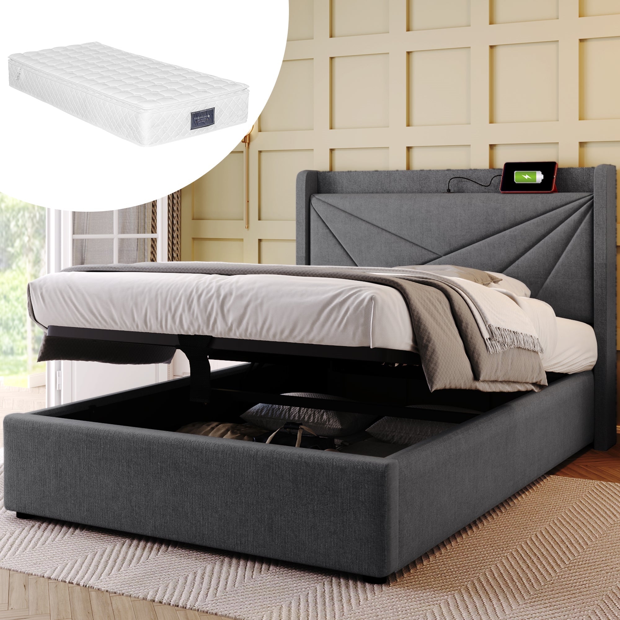 Logidon gestoffeerd bed opbergruimte 90x200 grijs USB Type C oplaadfunctie