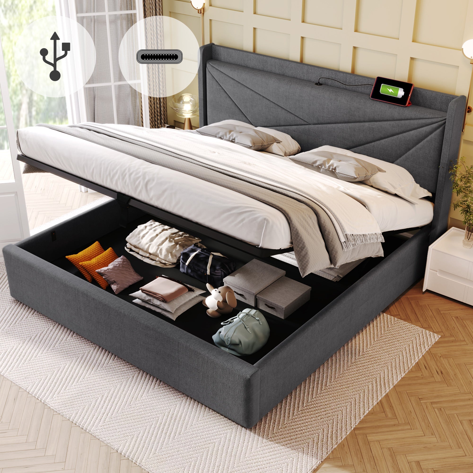 Logidon gestoffeerd bed opbergruimte USB Type C oplaadfunctie 160x200 grijs