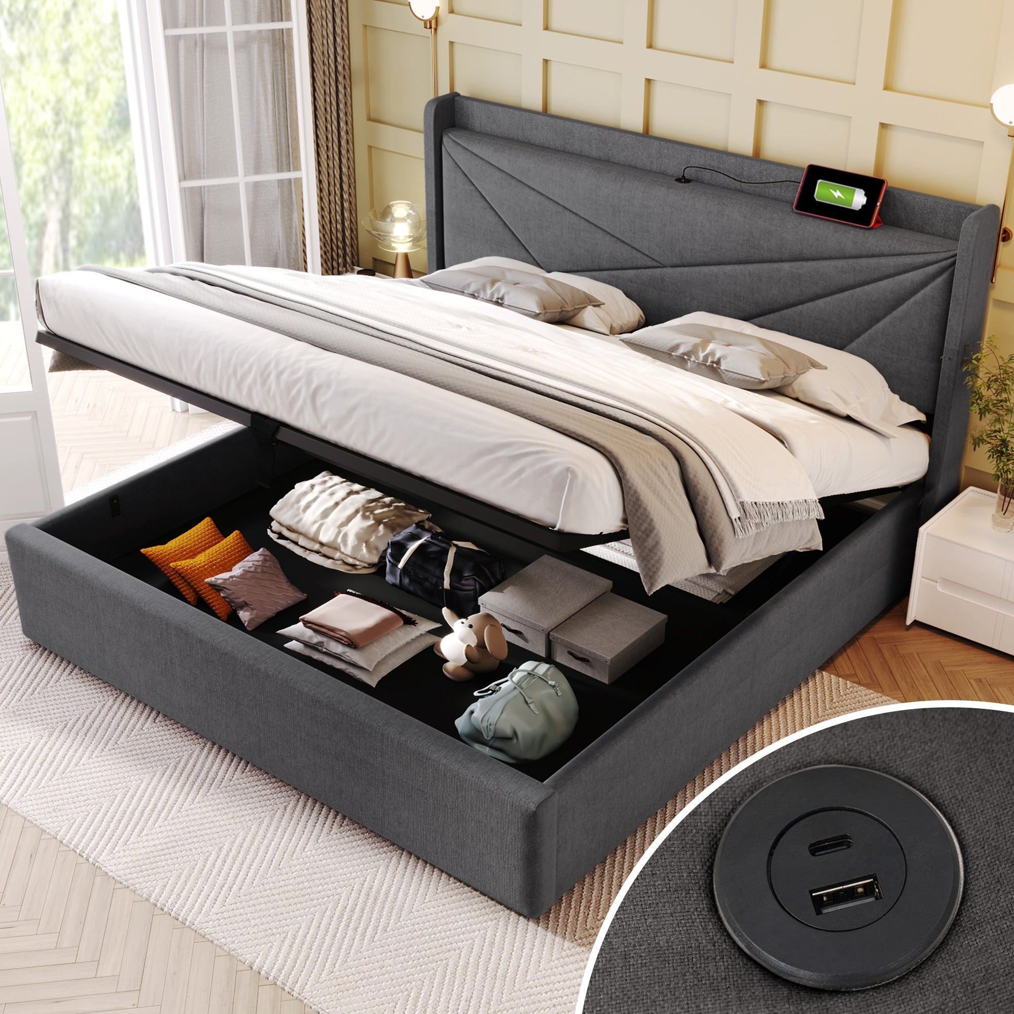 Logidon gestoffeerd bed opbergruimte USB Type C oplaadfunctie 160x200 grijs