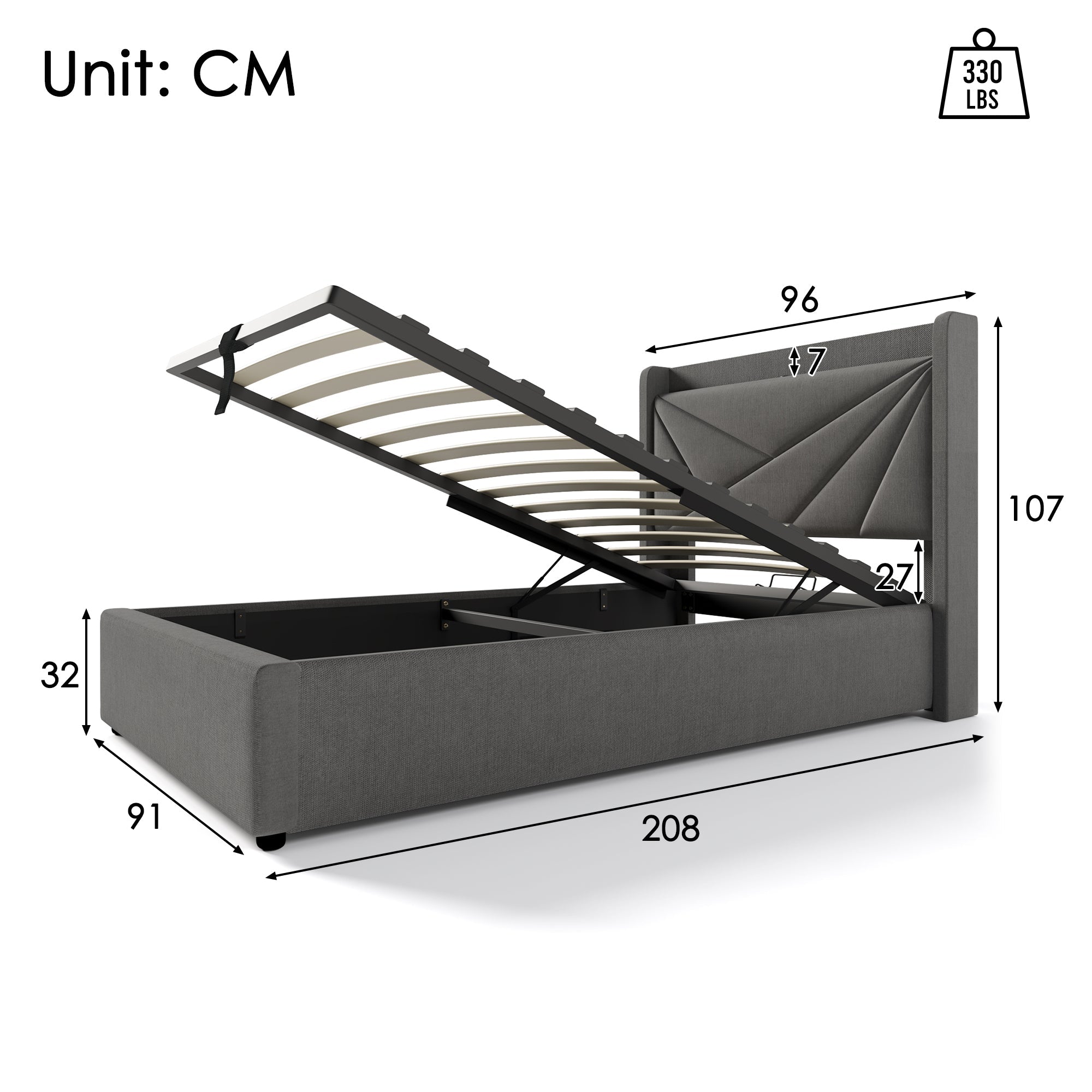 Logidon gestoffeerd bed opbergruimte 90x200 grijs USB Type C oplaadfunctie
